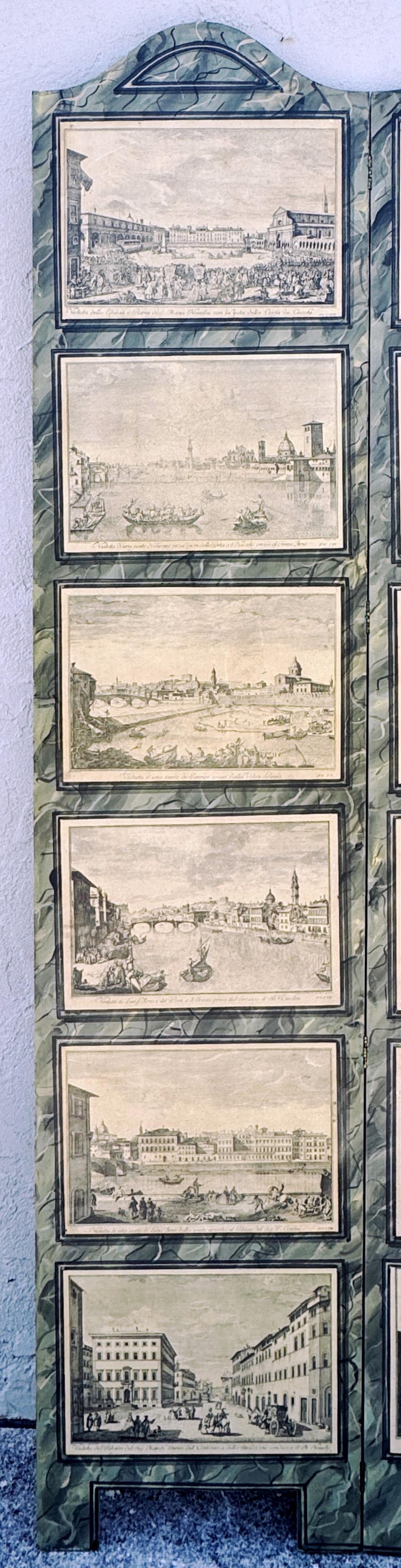 Neoclassico Paravento neoclassico a 3 pannelli in finto marmo, 18 vedute topografiche dell'Italia in vendita