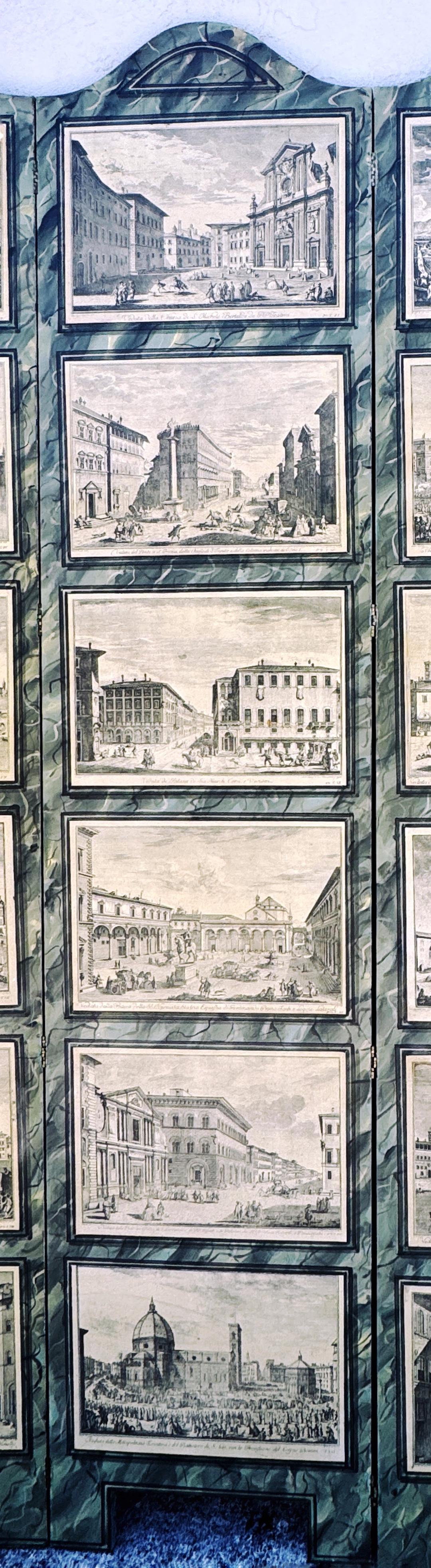 Appliqué Paravento neoclassico a 3 pannelli in finto marmo, 18 vedute topografiche dell'Italia in vendita