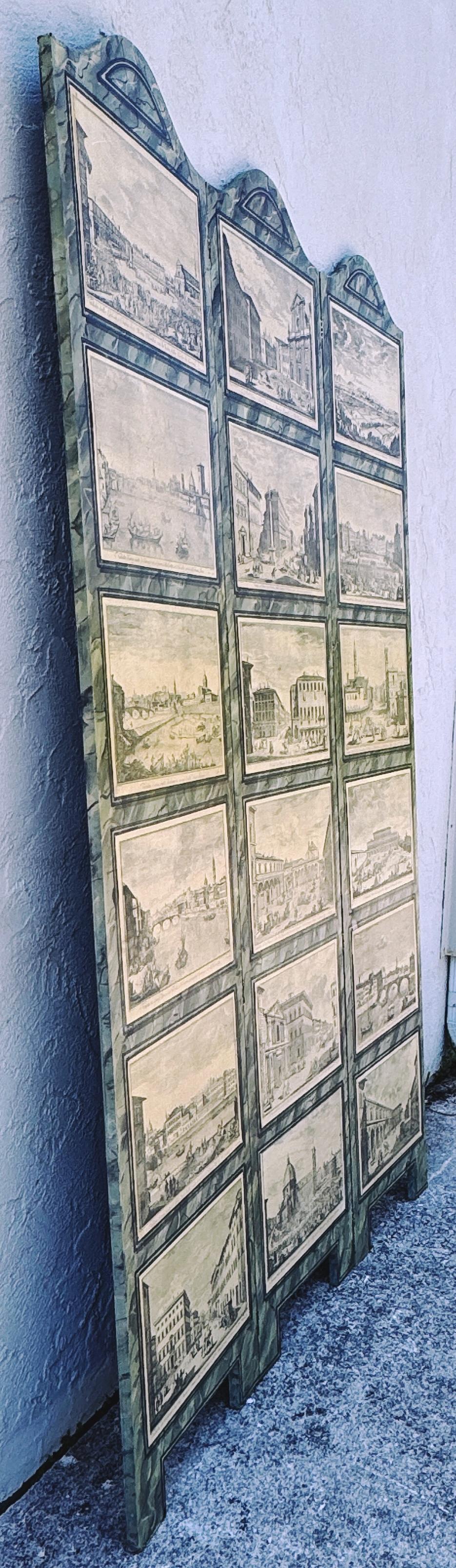 XX secolo Paravento neoclassico a 3 pannelli in finto marmo, 18 vedute topografiche dell'Italia in vendita
