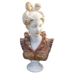 Busto femminile neoclassico in marmo bianco e diaspro rosso scolpito a mano