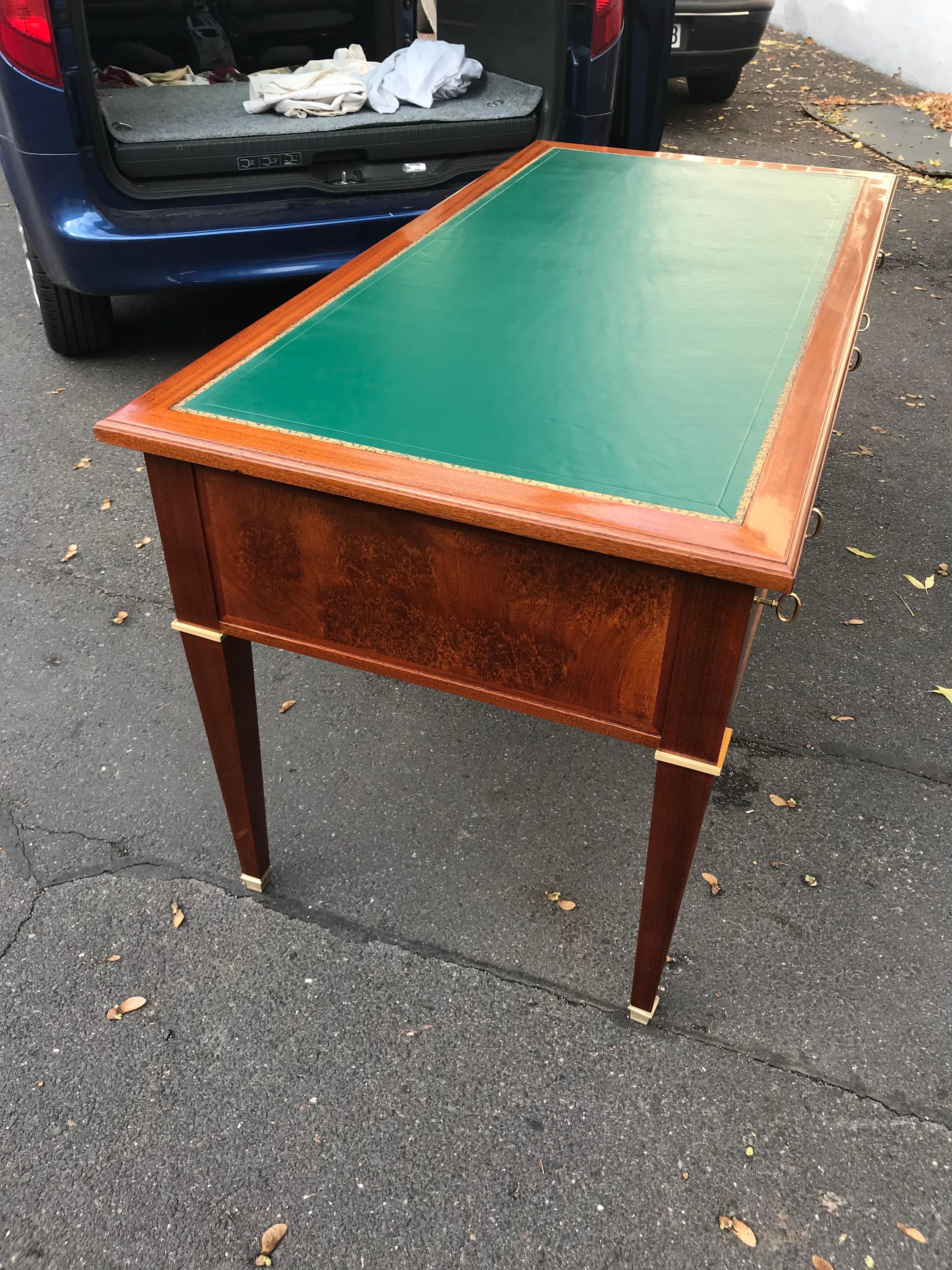 French Neoclassical Fench Art Deco Writing Table, Bronze Feet, Brass Strips, circa 1925 For Sale