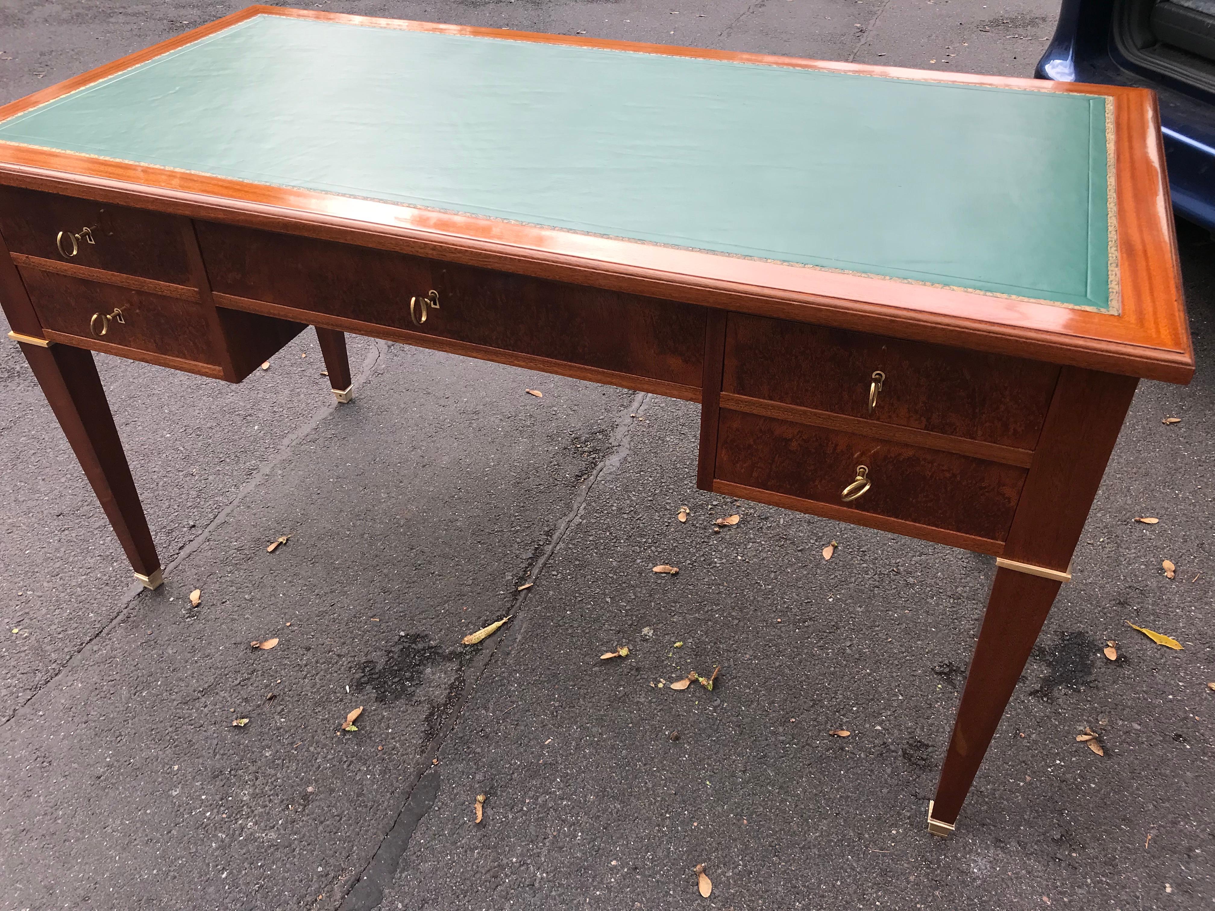 Woodwork Neoclassical Fench Art Deco Writing Table, Bronze Feet, Brass Strips, circa 1925 For Sale