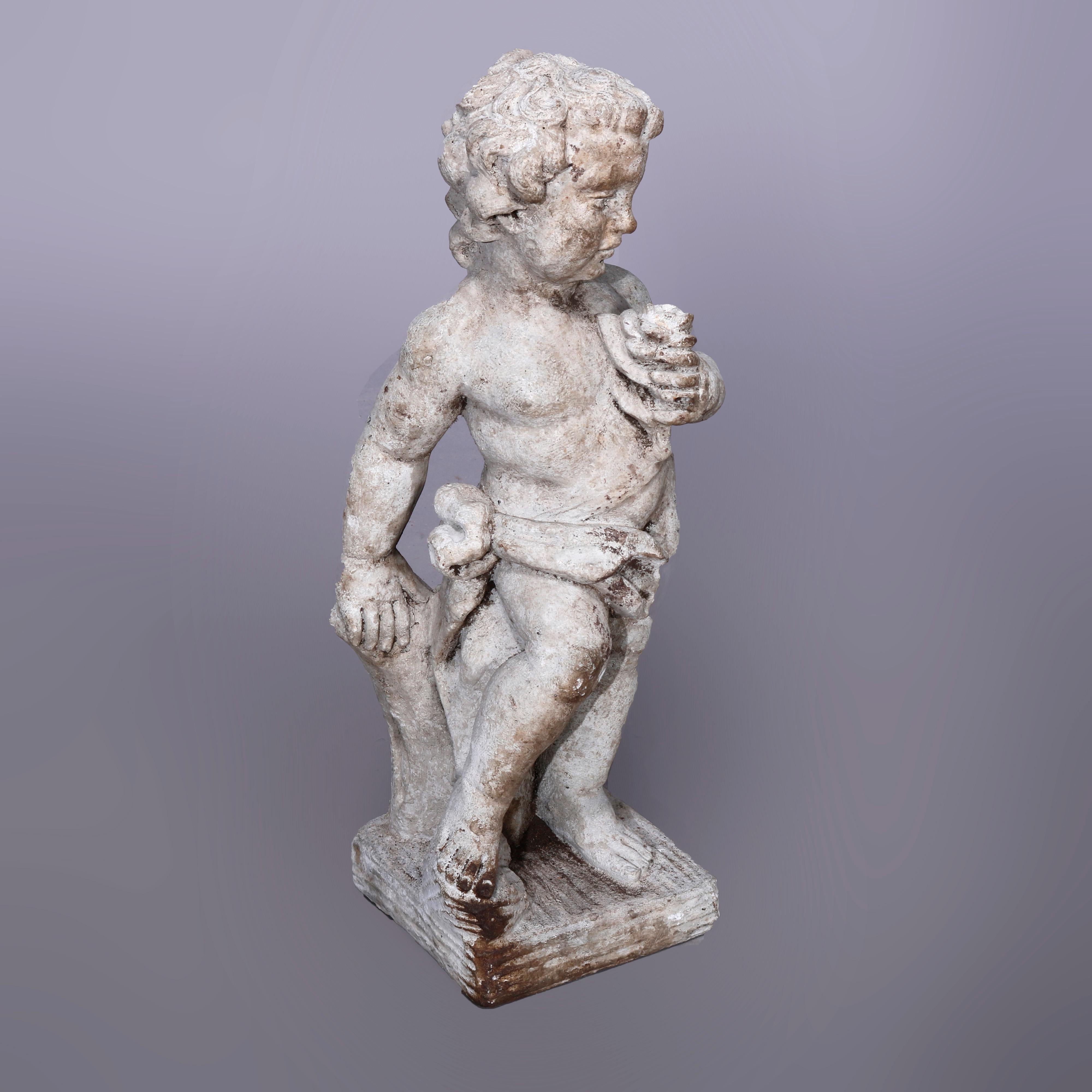 A neoclassical figural garden sculpture offers cast hard stone statue of cherub with flower in countryside setting, 20th century

Measures - 24''H x 8''W x 8''D.