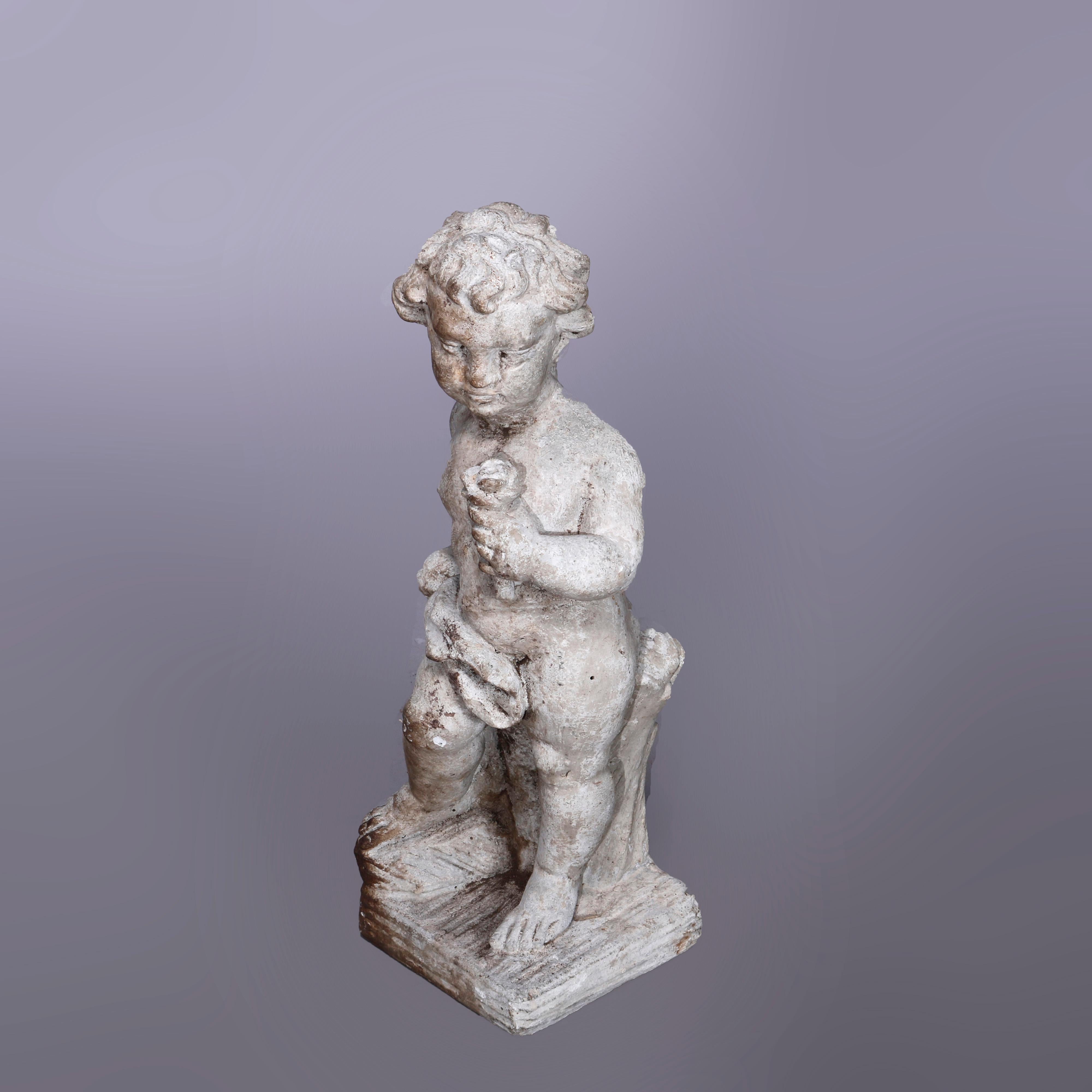 American Neoclassical Figural Cast Hard Stone Garden Statue, Cherub with Flower, 20th C