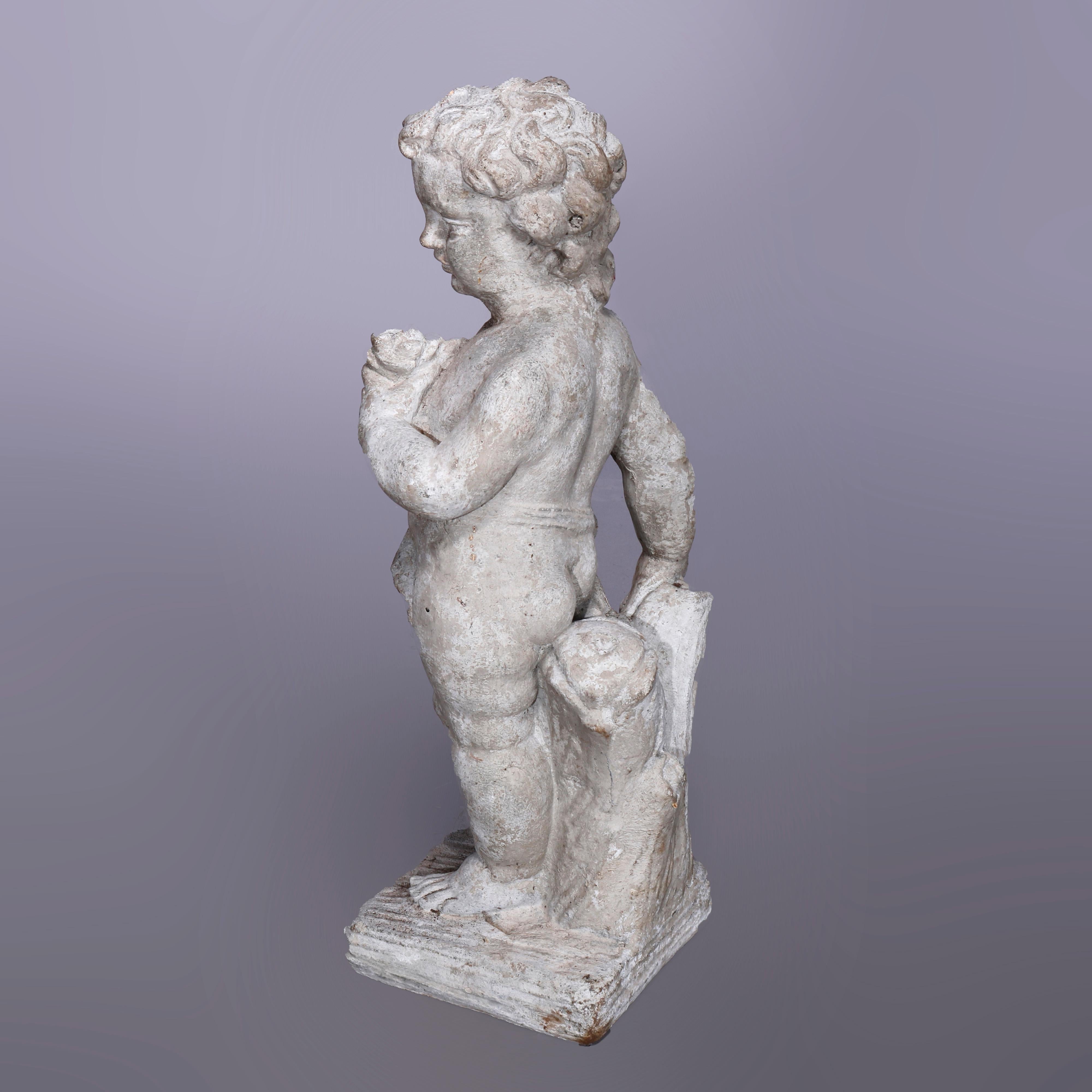 Neoclassical Figural Cast Hard Stone Garden Statue, Cherub with Flower, 20th C In Good Condition In Big Flats, NY