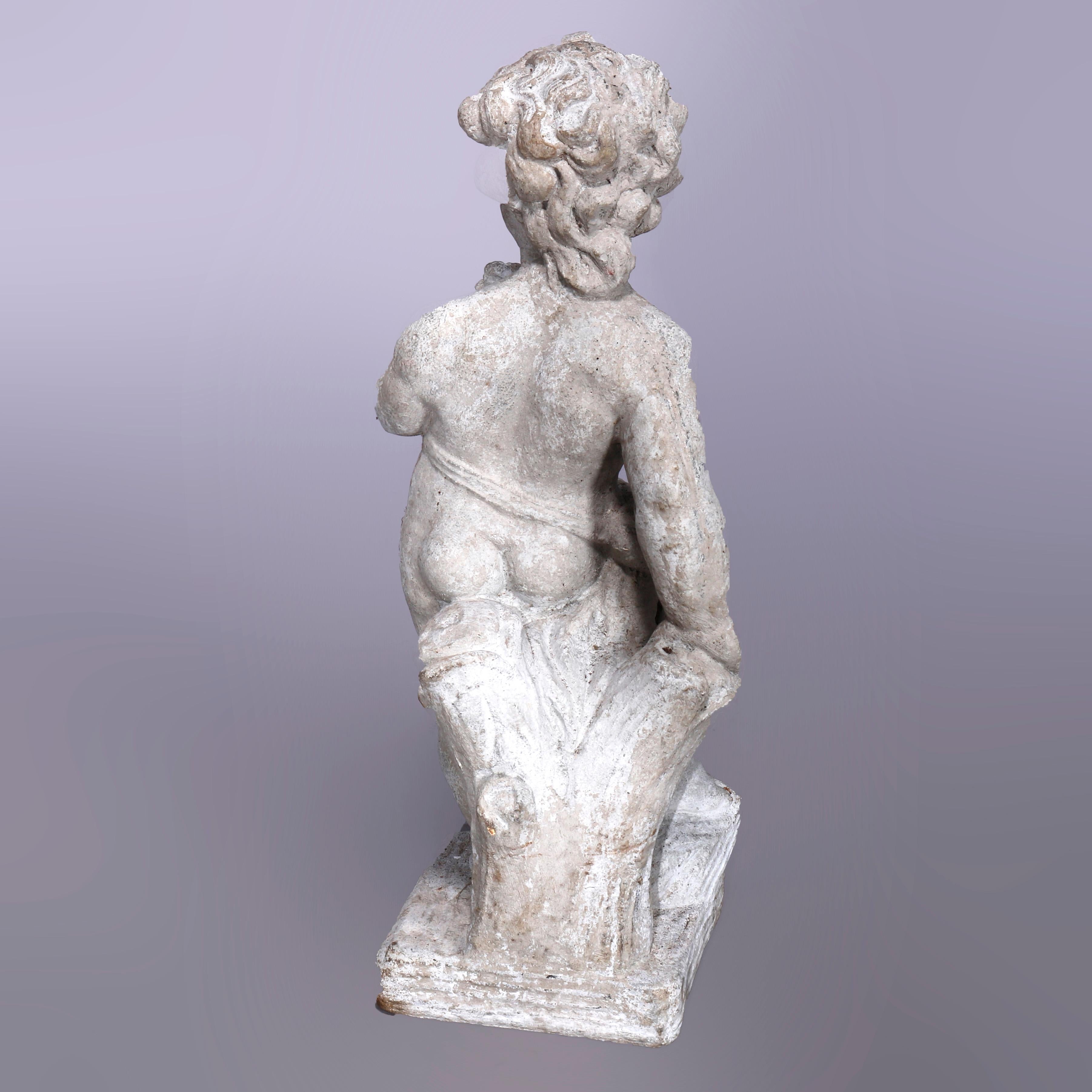 20th Century Neoclassical Figural Cast Hard Stone Garden Statue, Cherub with Flower, 20th C