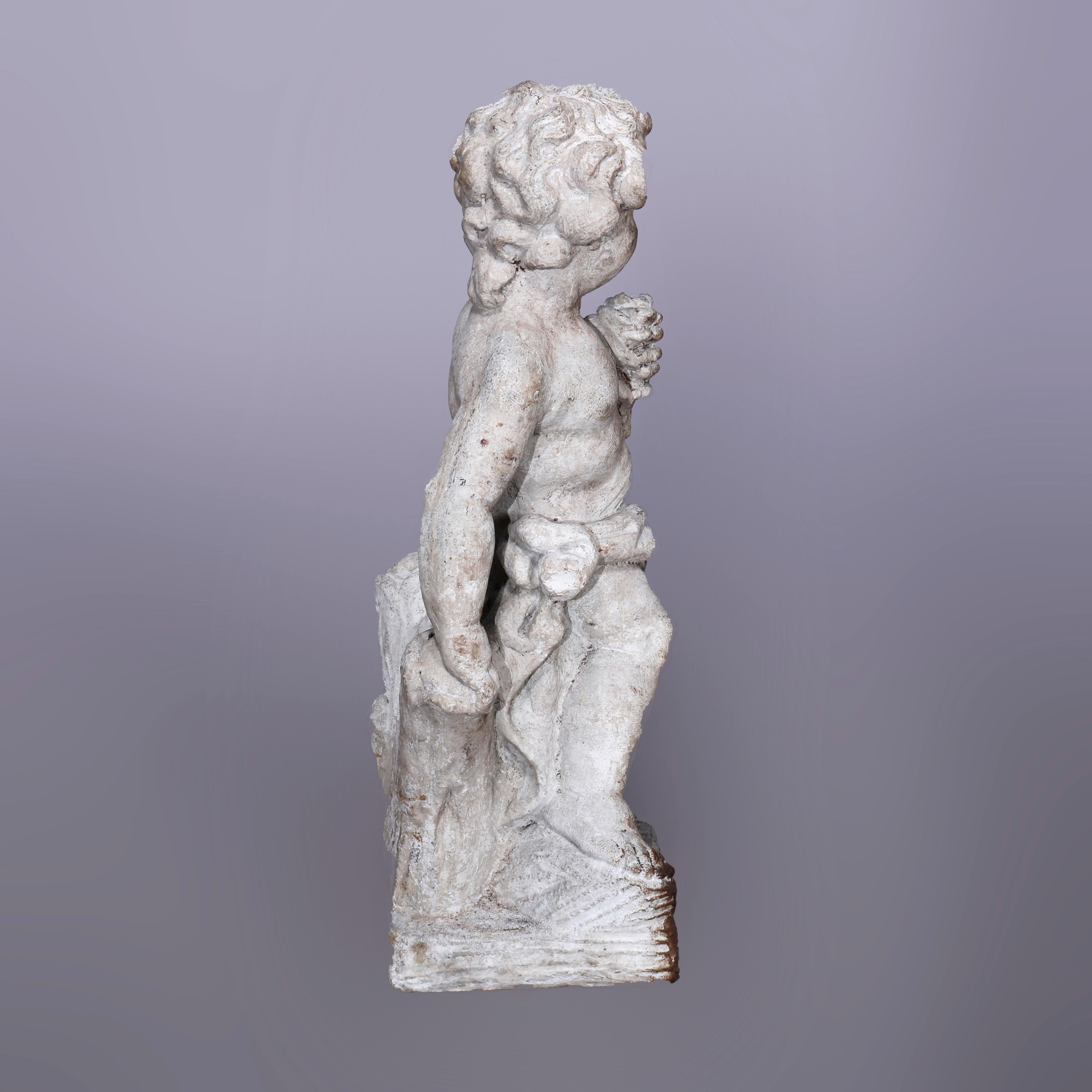 Cast Stone Neoclassical Figural Cast Hard Stone Garden Statue, Cherub with Flower, 20th C