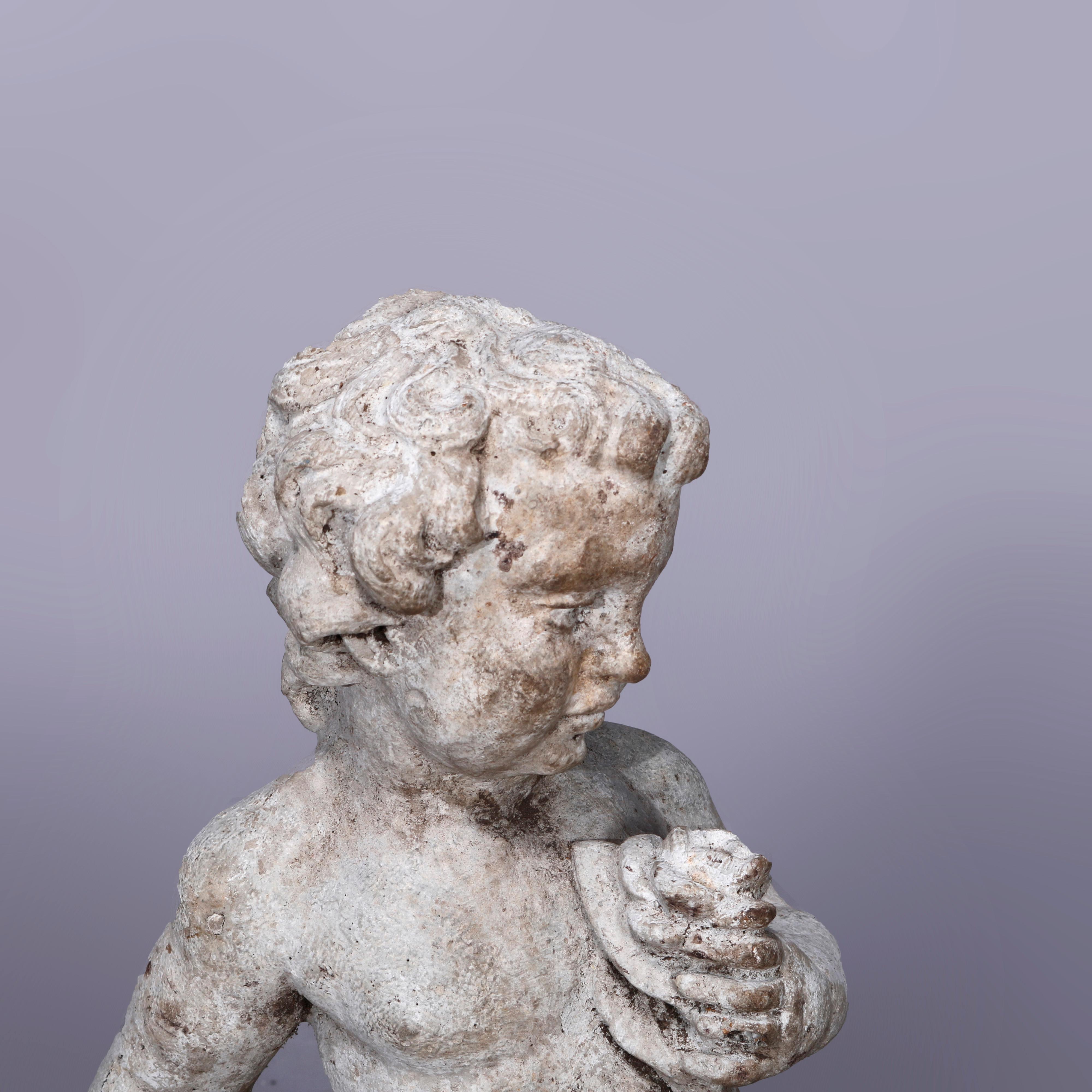 Neoclassical Figural Cast Hard Stone Garden Statue, Cherub with Flower, 20th C 1