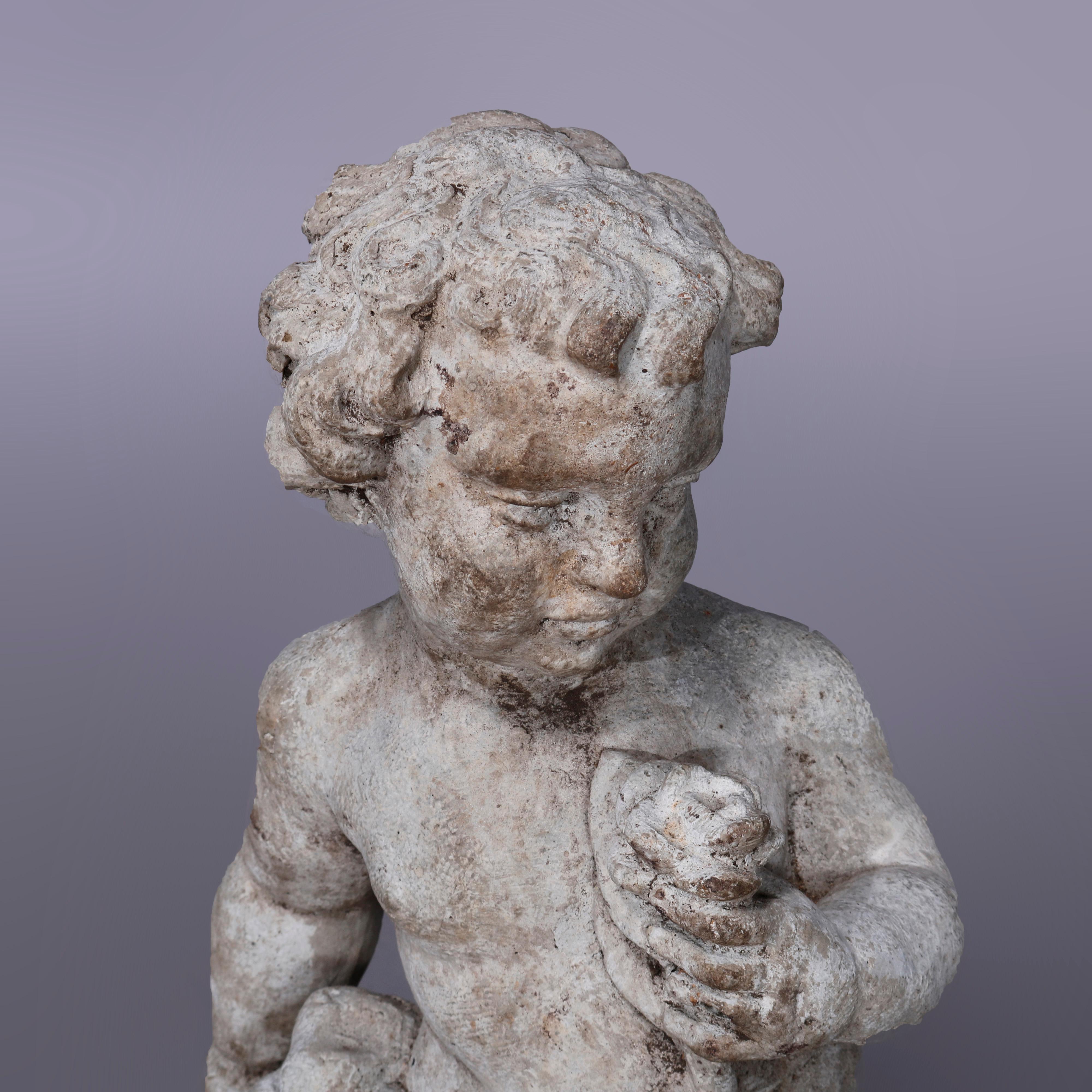 Neoclassical Figural Cast Hard Stone Garden Statue, Cherub with Flower, 20th C 2