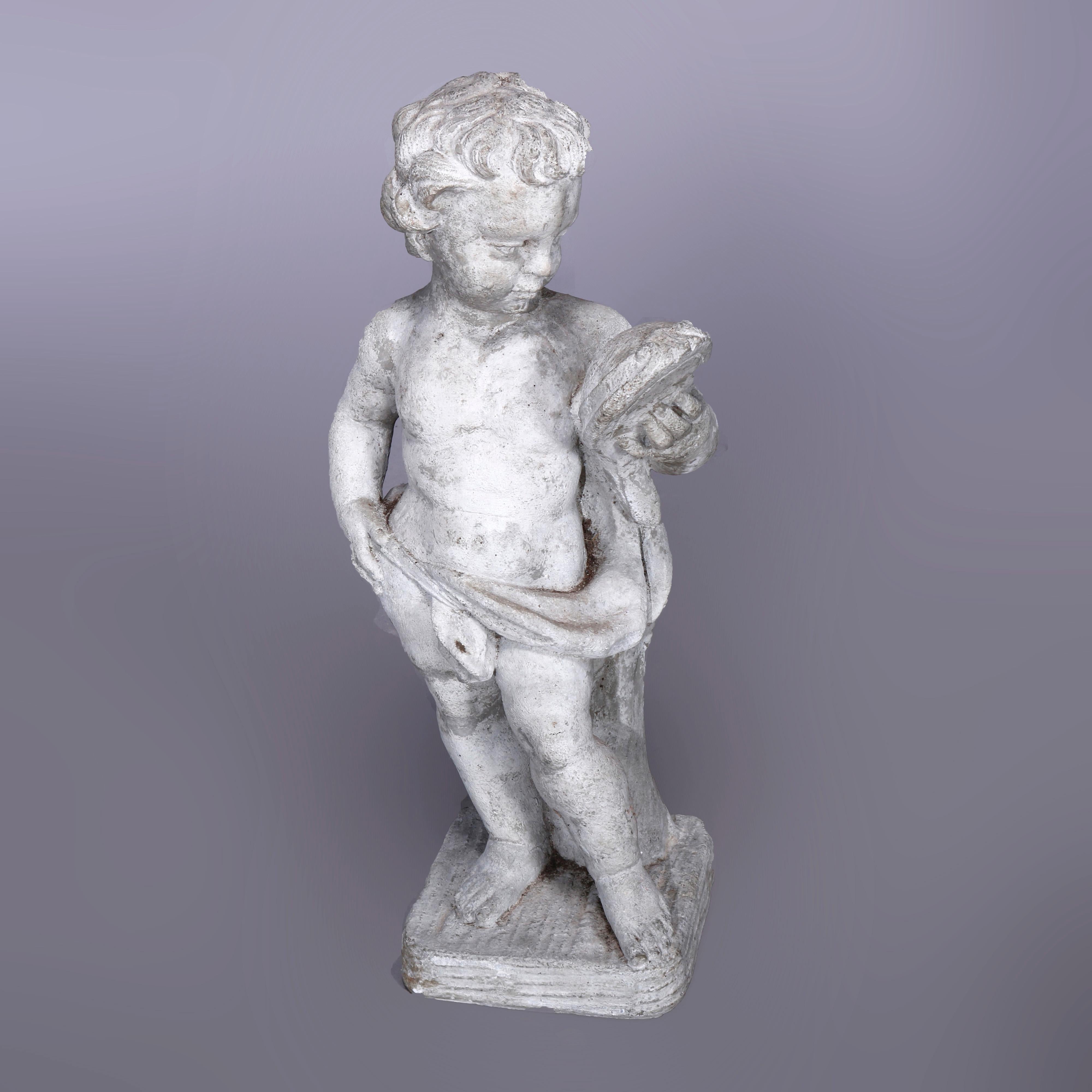 American Neoclassical Figural Cast Hard Stone Garden Statue, Cherub with Grapes, 20th C