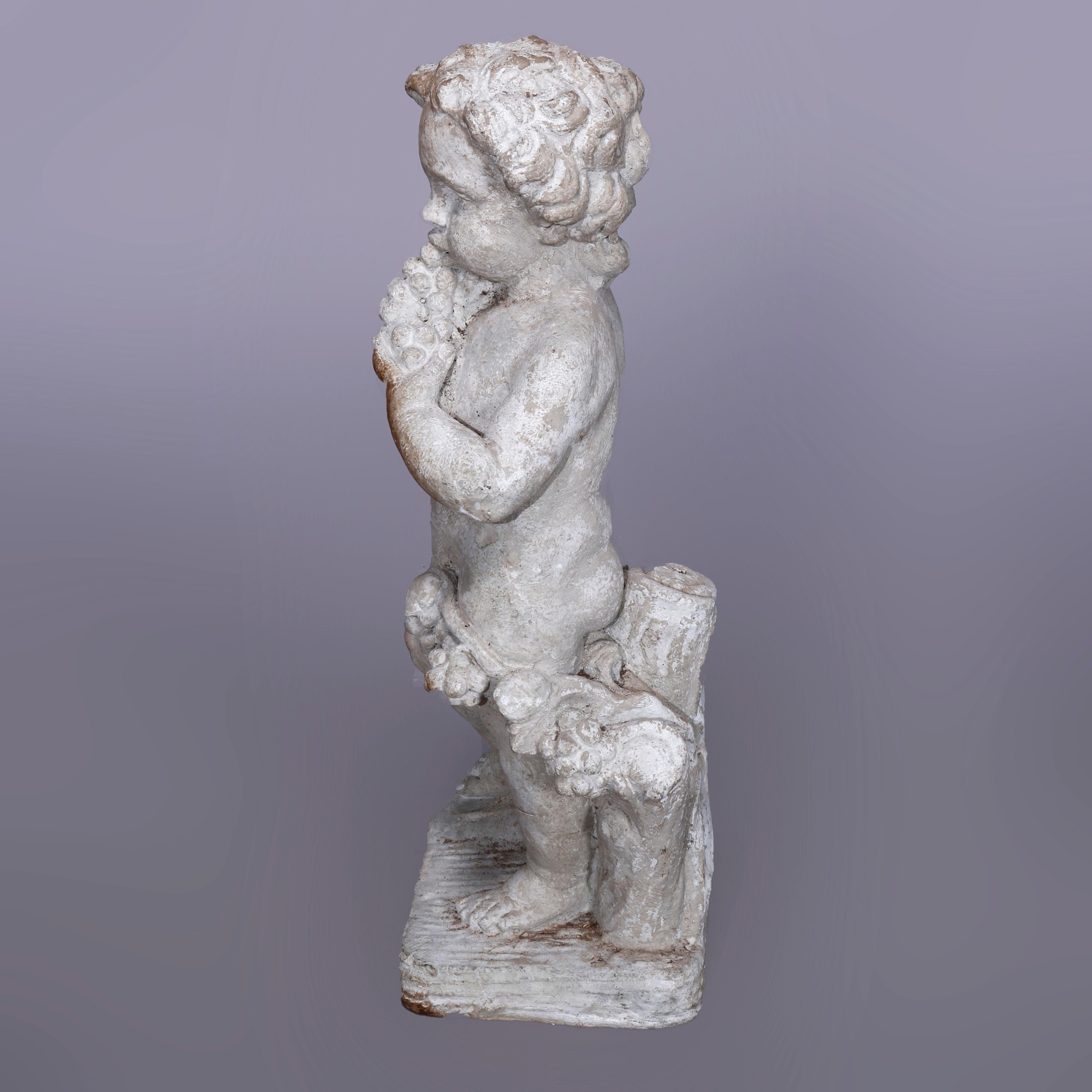 20th Century Neoclassical Figural Cast Hard Stone Garden Statue, Cherub with Grapes, 20th C