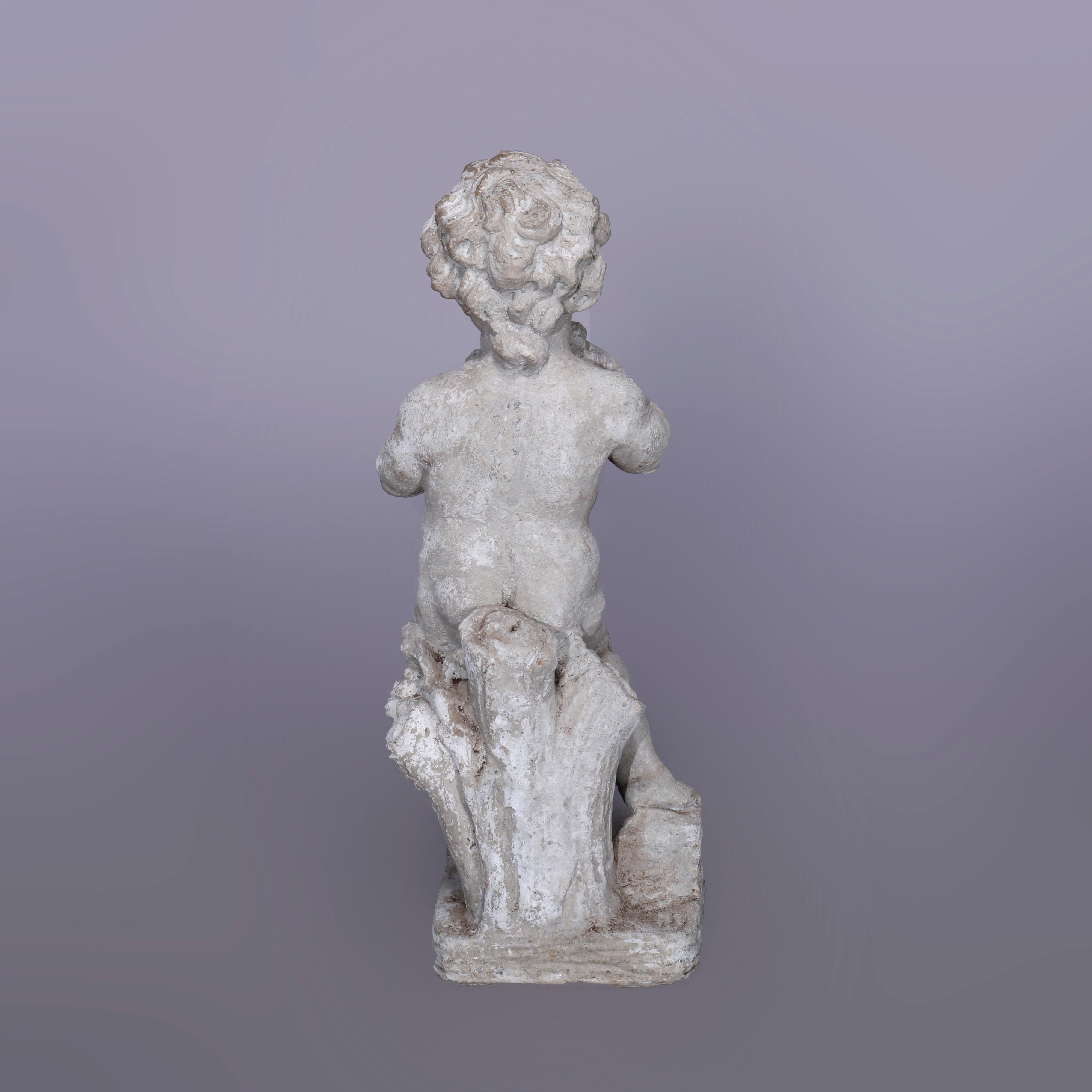 Cast Stone Neoclassical Figural Cast Hard Stone Garden Statue, Cherub with Grapes, 20th C