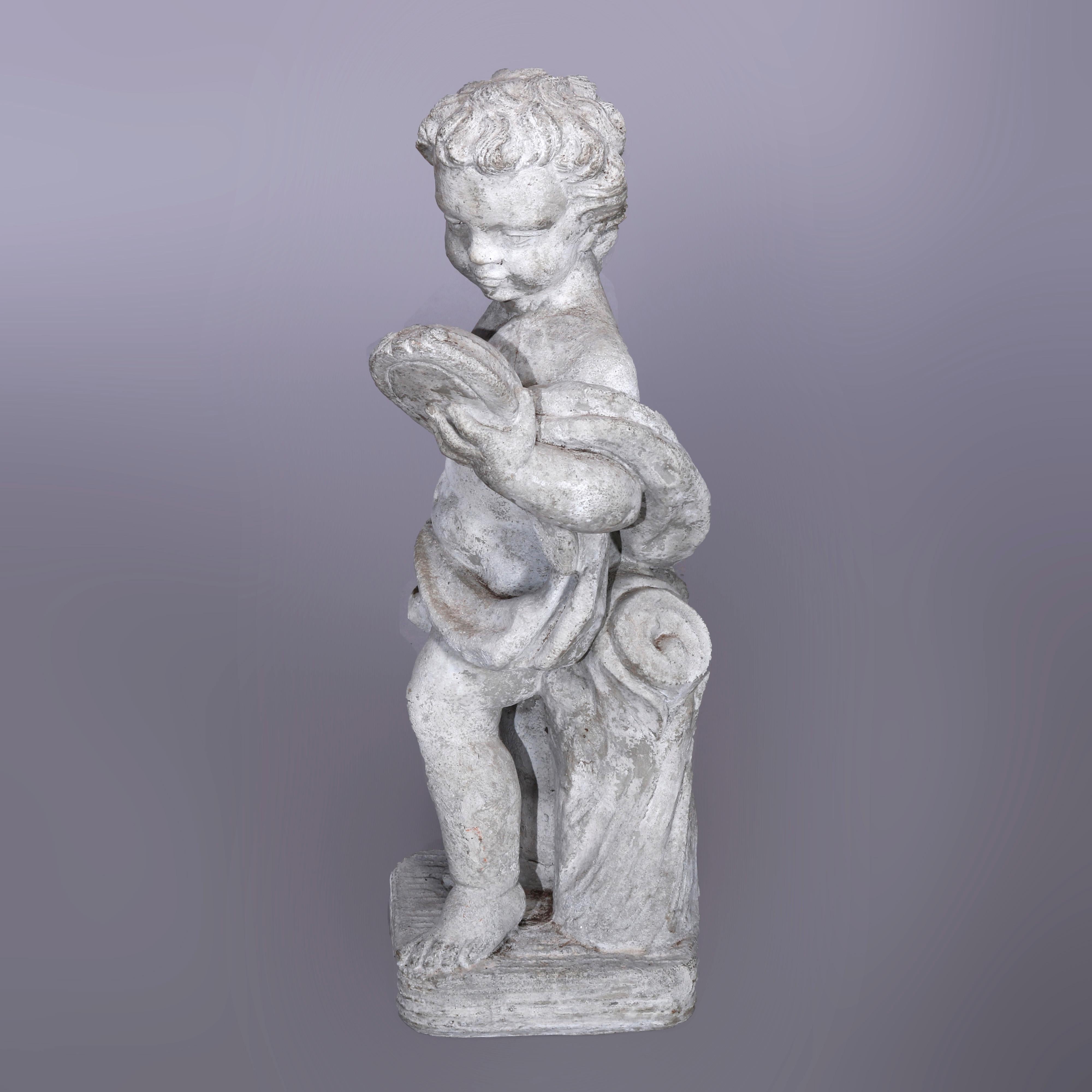 A neoclassical figural garden sculpture offers cast hard stone statue of cherub with mirror in countryside setting, 20th century

Measures - 23.5'' H x 8'' W x 8'' D.