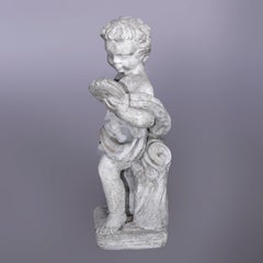 Neoclassical Figural Cast Hard Stone Garden Statue, Cherub with Mirror, 20th C