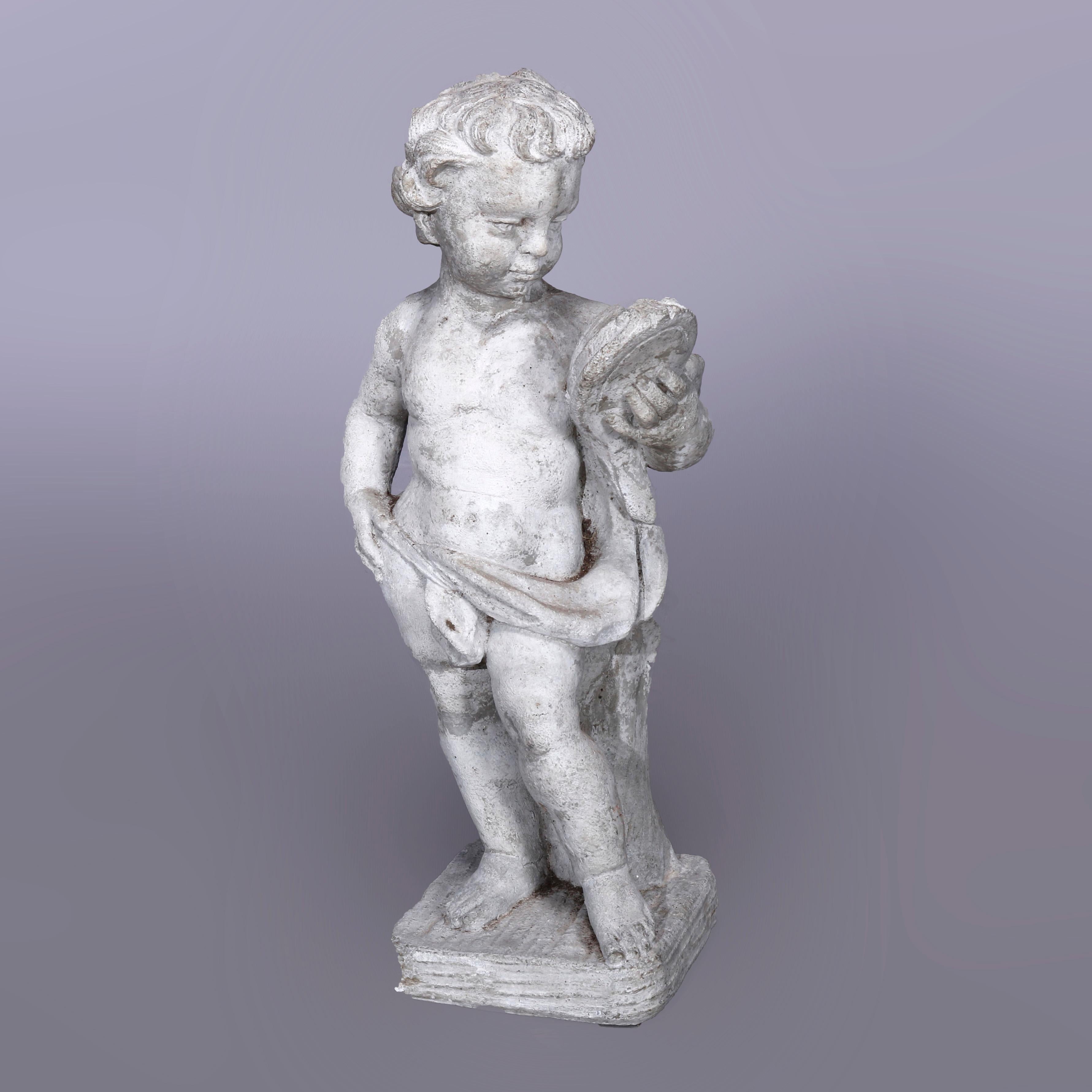American Neoclassical Figural Cast Hard Stone Garden Statue, Cherub with Mirror, 20th C