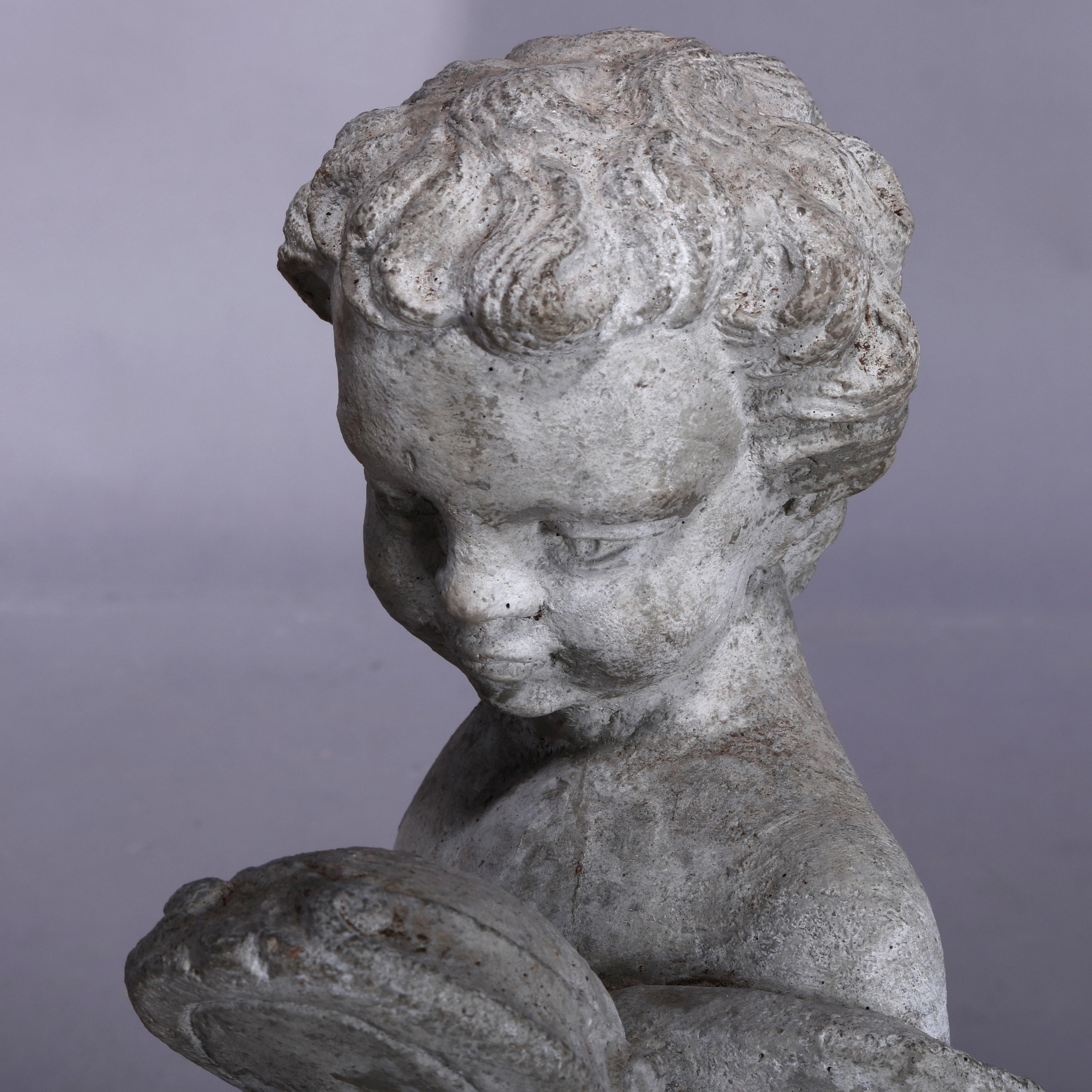 Neoclassical Figural Cast Hard Stone Garden Statue, Cherub with Mirror, 20th C In Good Condition In Big Flats, NY