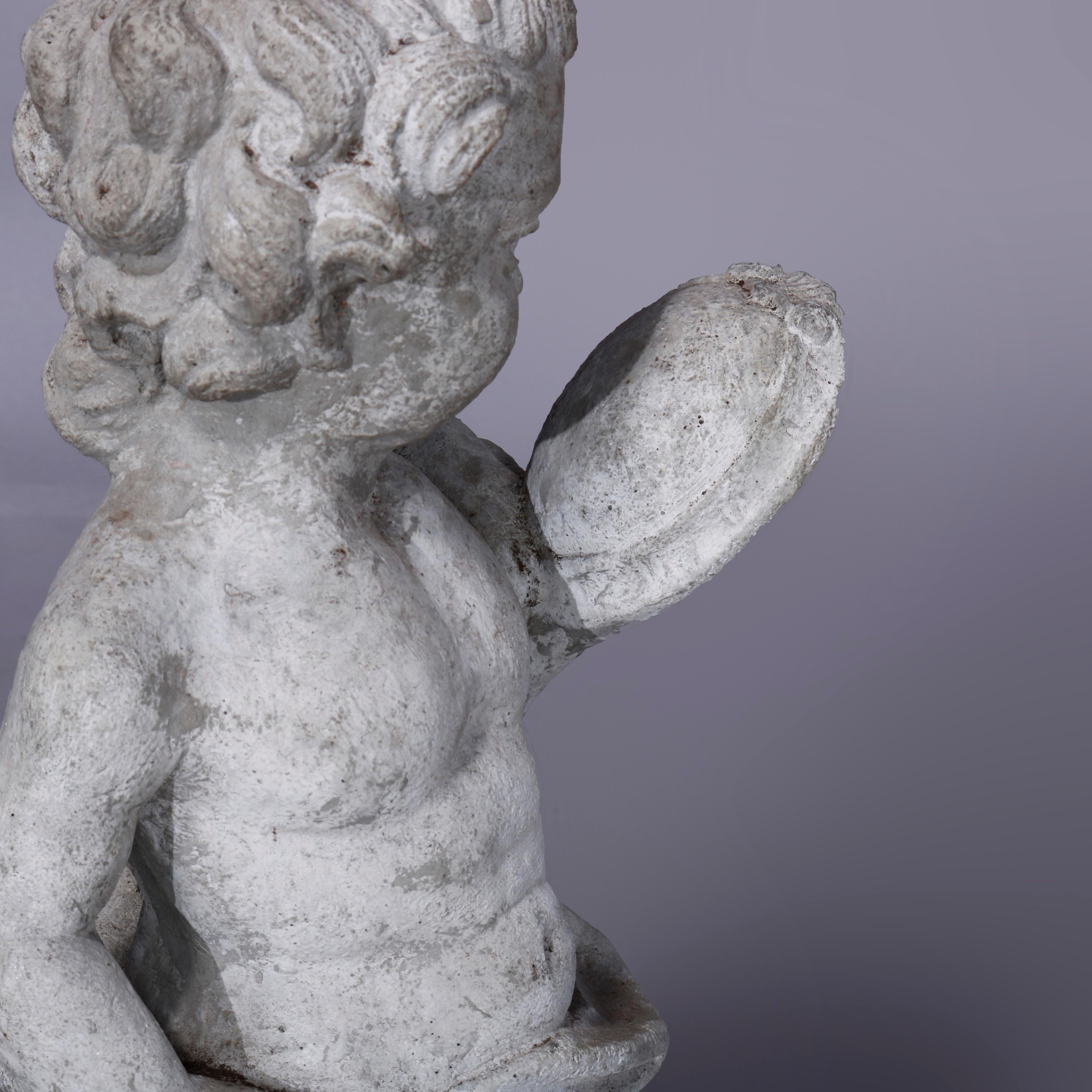 20th Century Neoclassical Figural Cast Hard Stone Garden Statue, Cherub with Mirror, 20th C