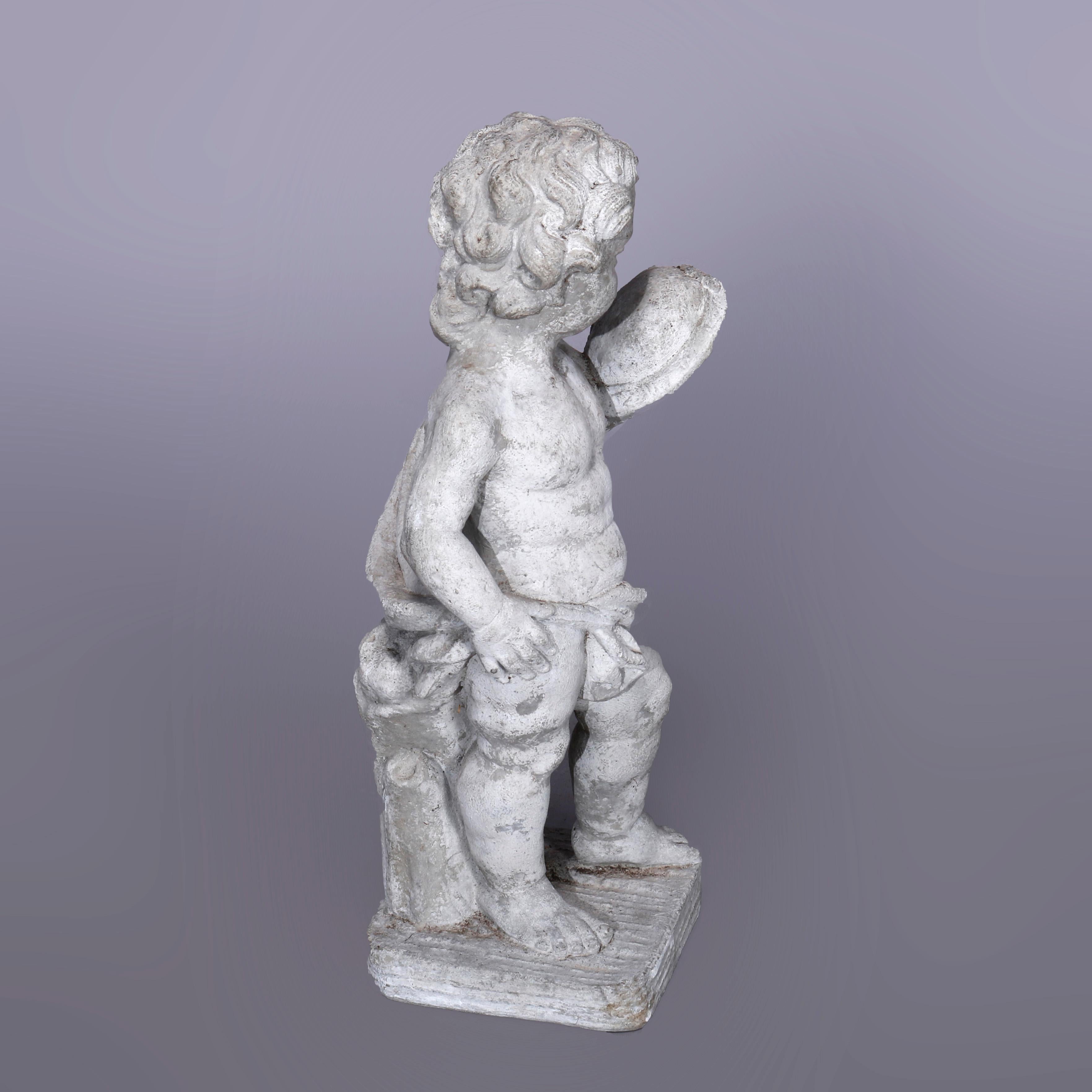 Neoclassical Figural Cast Hard Stone Garden Statue, Cherub with Mirror, 20th C 1