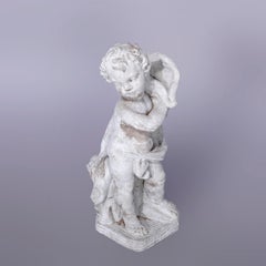 Neoclassical Figural Cast Hard Stone Garden Statue, Cherub with Shell, 20th C