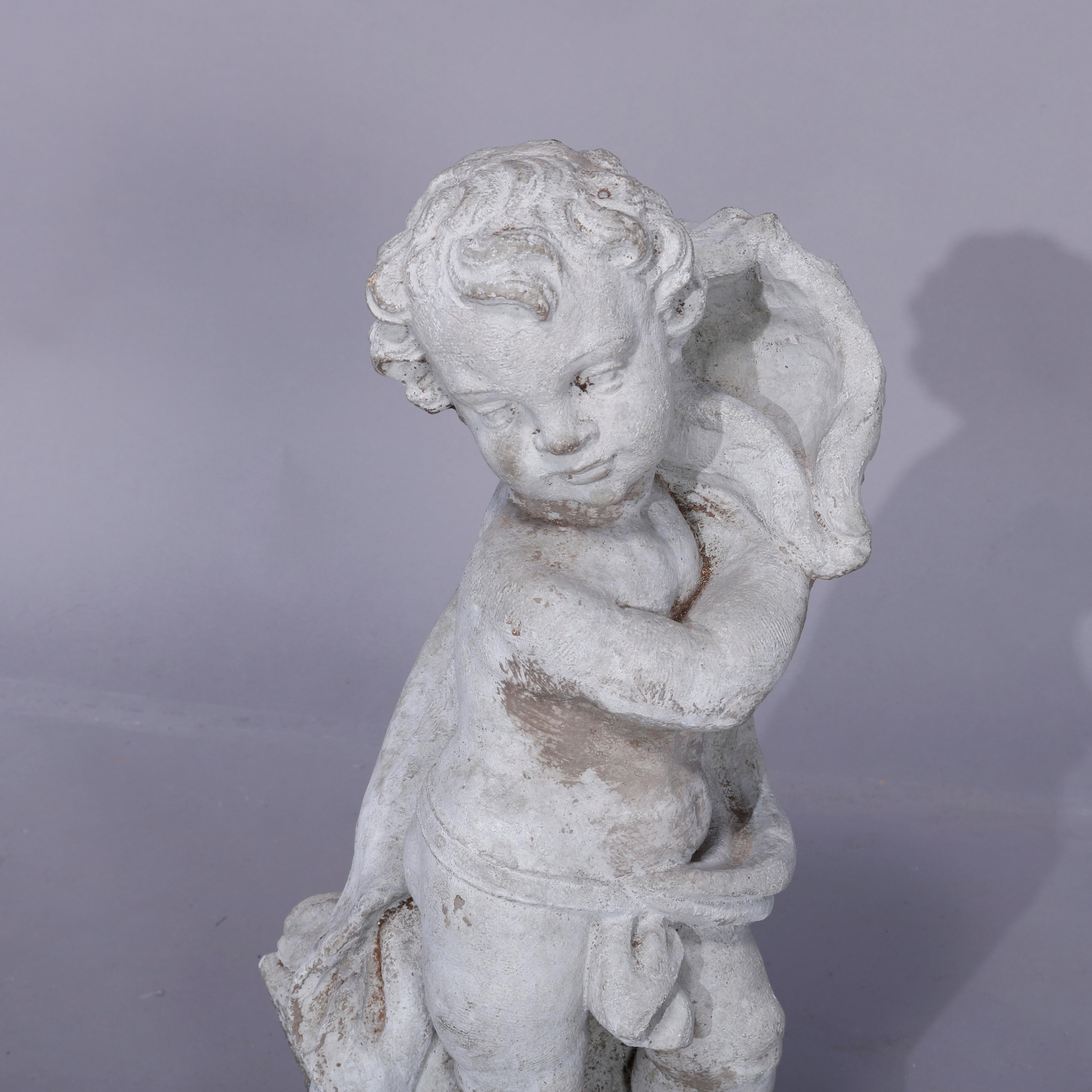 American Neoclassical Figural Cast Hard Stone Garden Statue, Cherub with Shell, 20th C