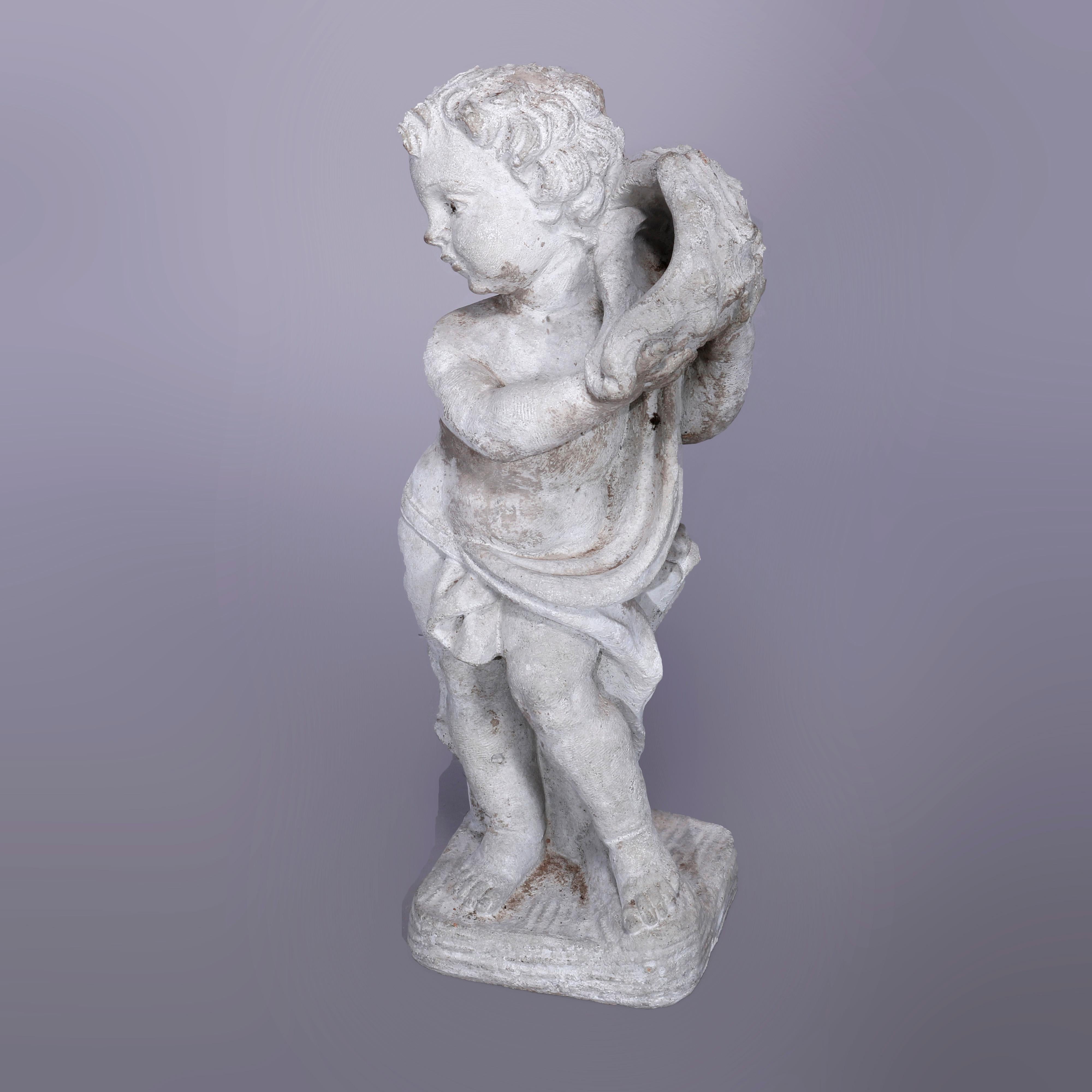 Neoclassical Figural Cast Hard Stone Garden Statue, Cherub with Shell, 20th C In Good Condition In Big Flats, NY
