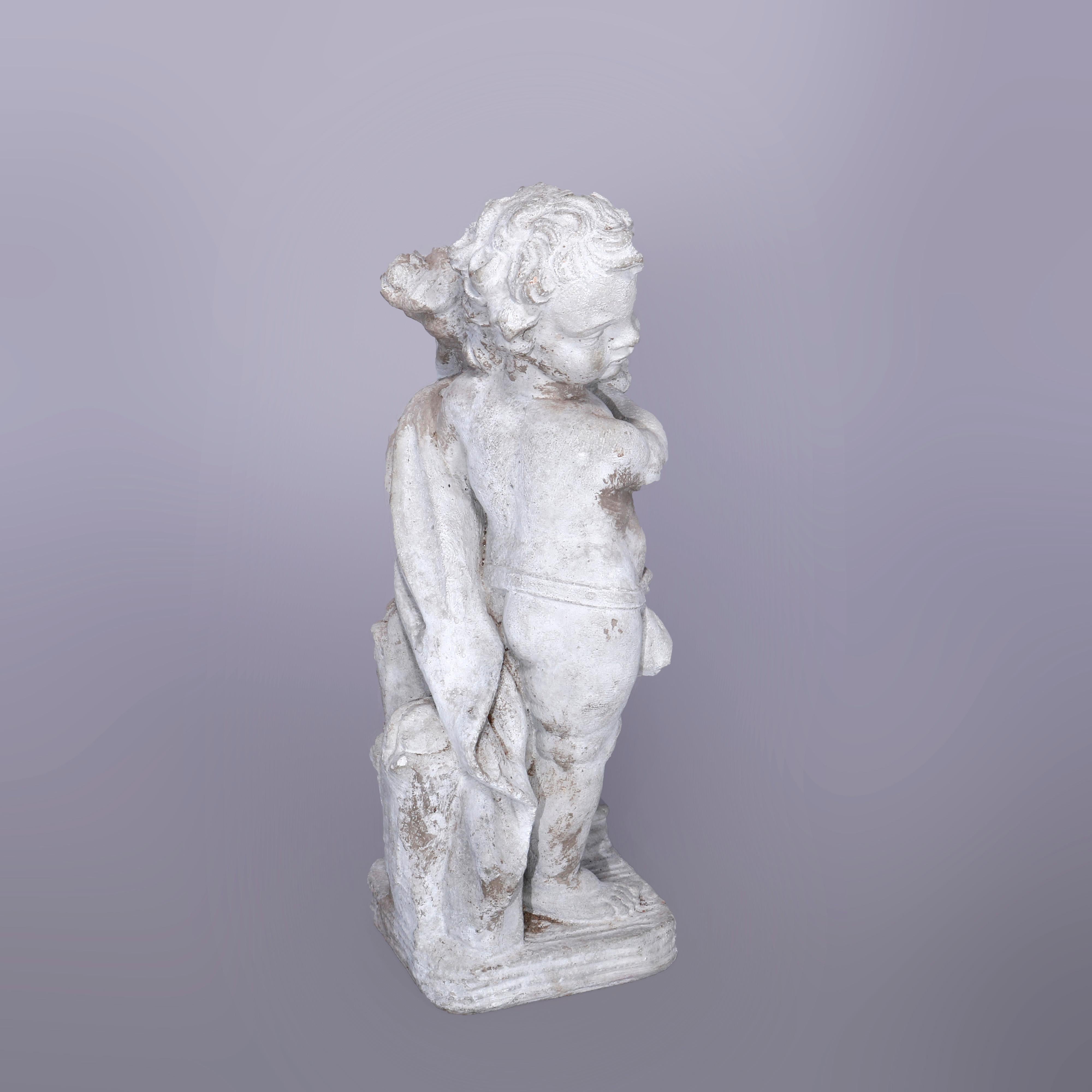20th Century Neoclassical Figural Cast Hard Stone Garden Statue, Cherub with Shell, 20th C