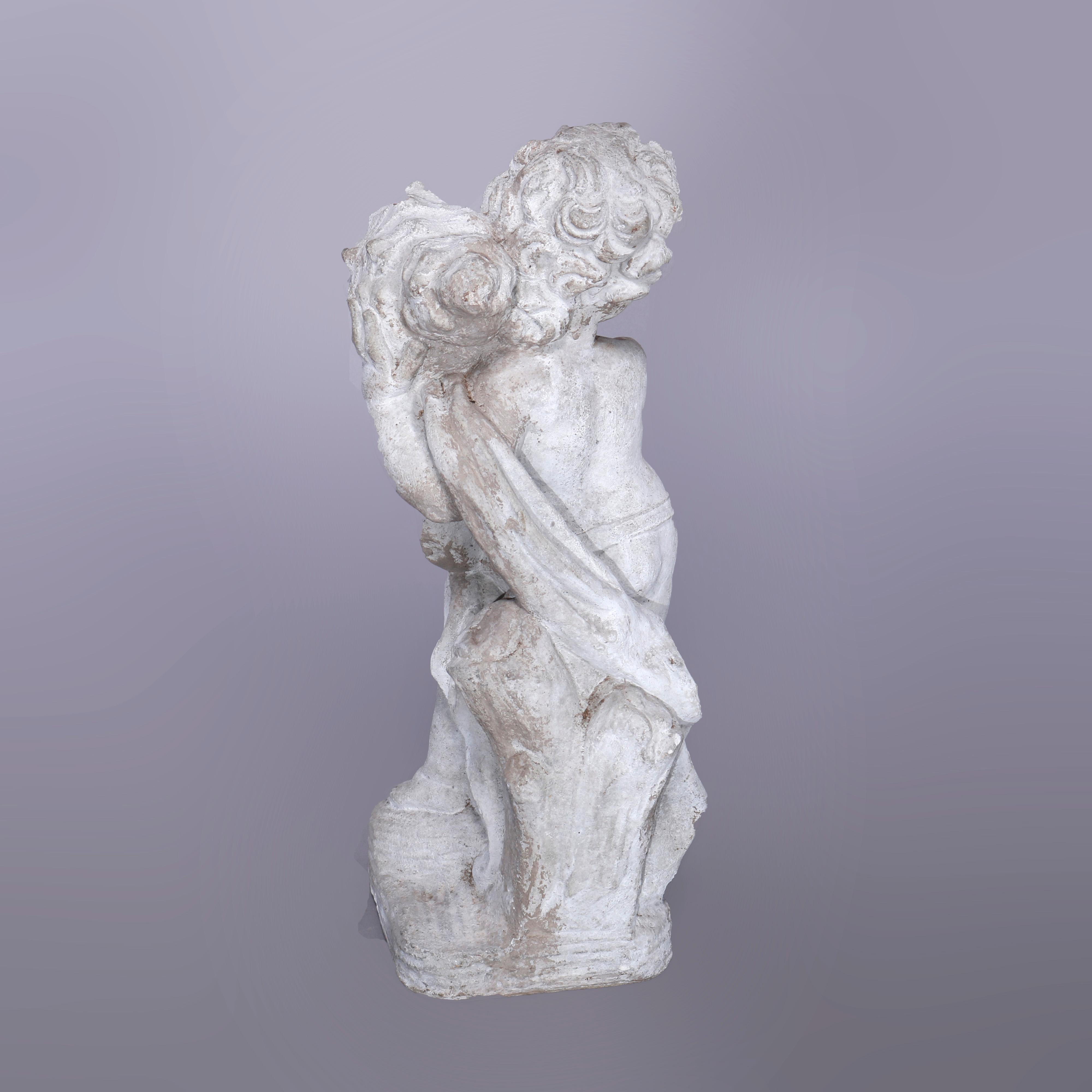 Cast Stone Neoclassical Figural Cast Hard Stone Garden Statue, Cherub with Shell, 20th C