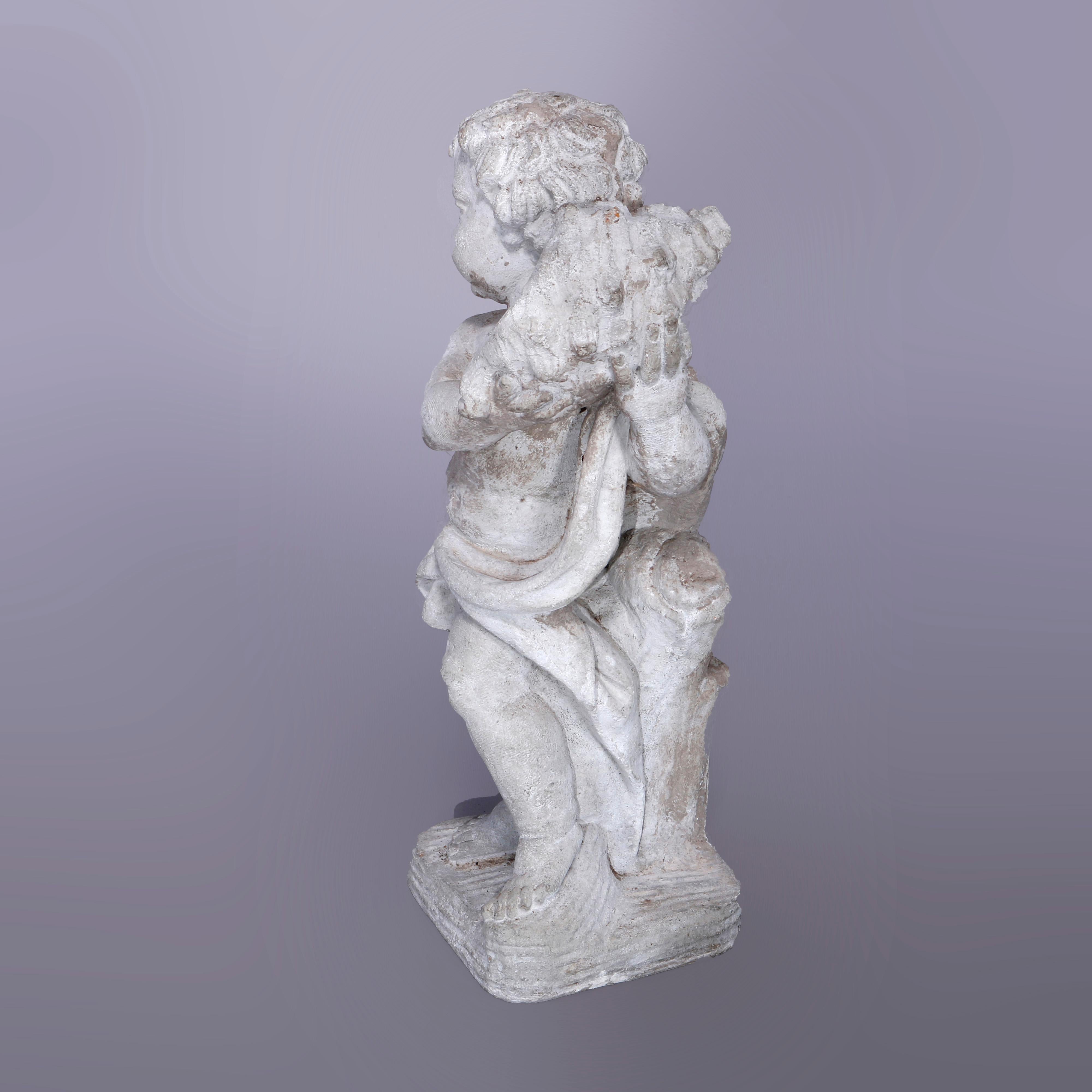 Neoclassical Figural Cast Hard Stone Garden Statue, Cherub with Shell, 20th C 1