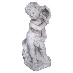 Vintage Neoclassical Figural Cast Hard Stone Garden Statue, Cherub with Shell, 20th C