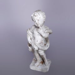 Neoclassical Figural Cast Hard Stone Garden Statue, Pensive Cherub, 20th C