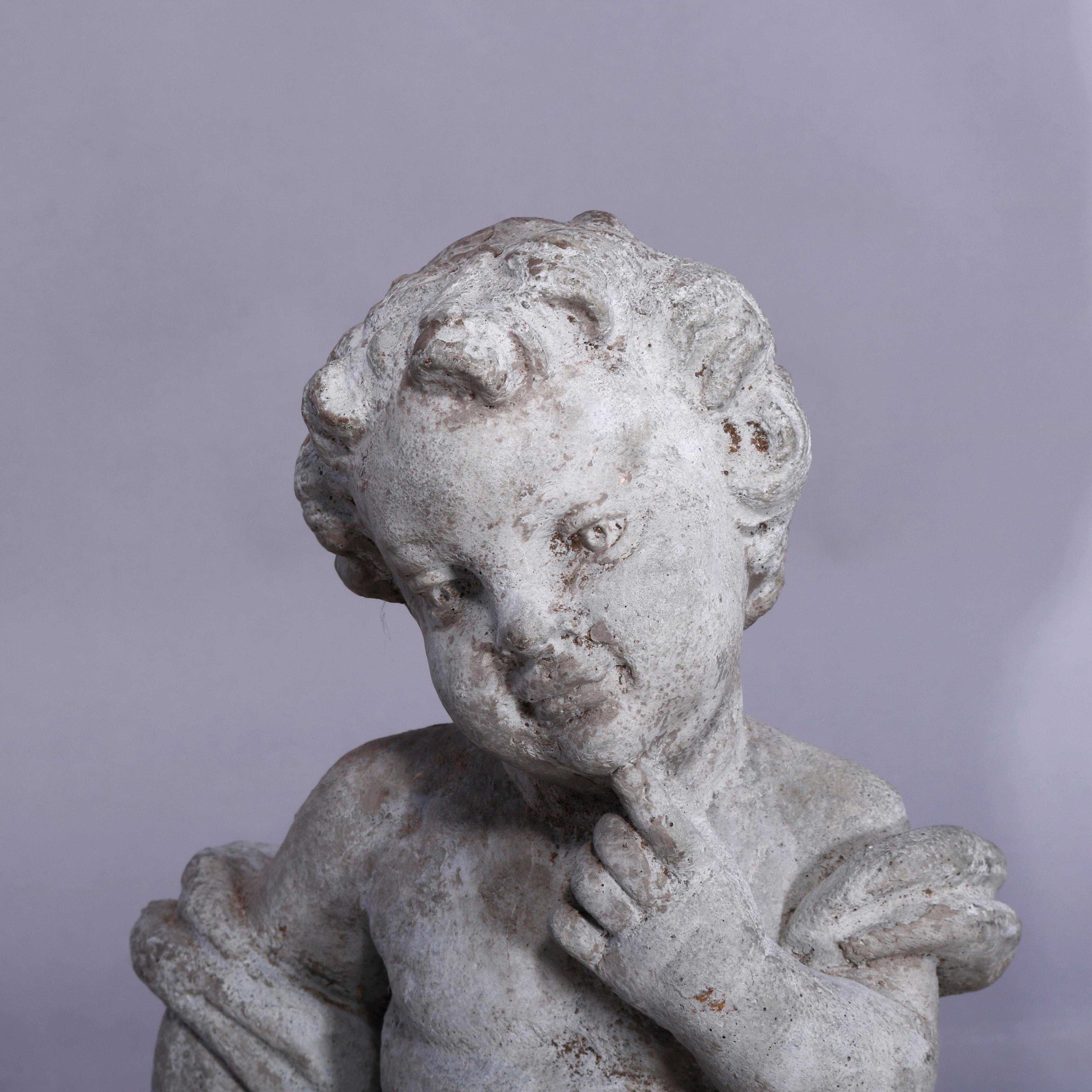 American Neoclassical Figural Cast Hard Stone Garden Statue, Pensive Cherub, 20th C