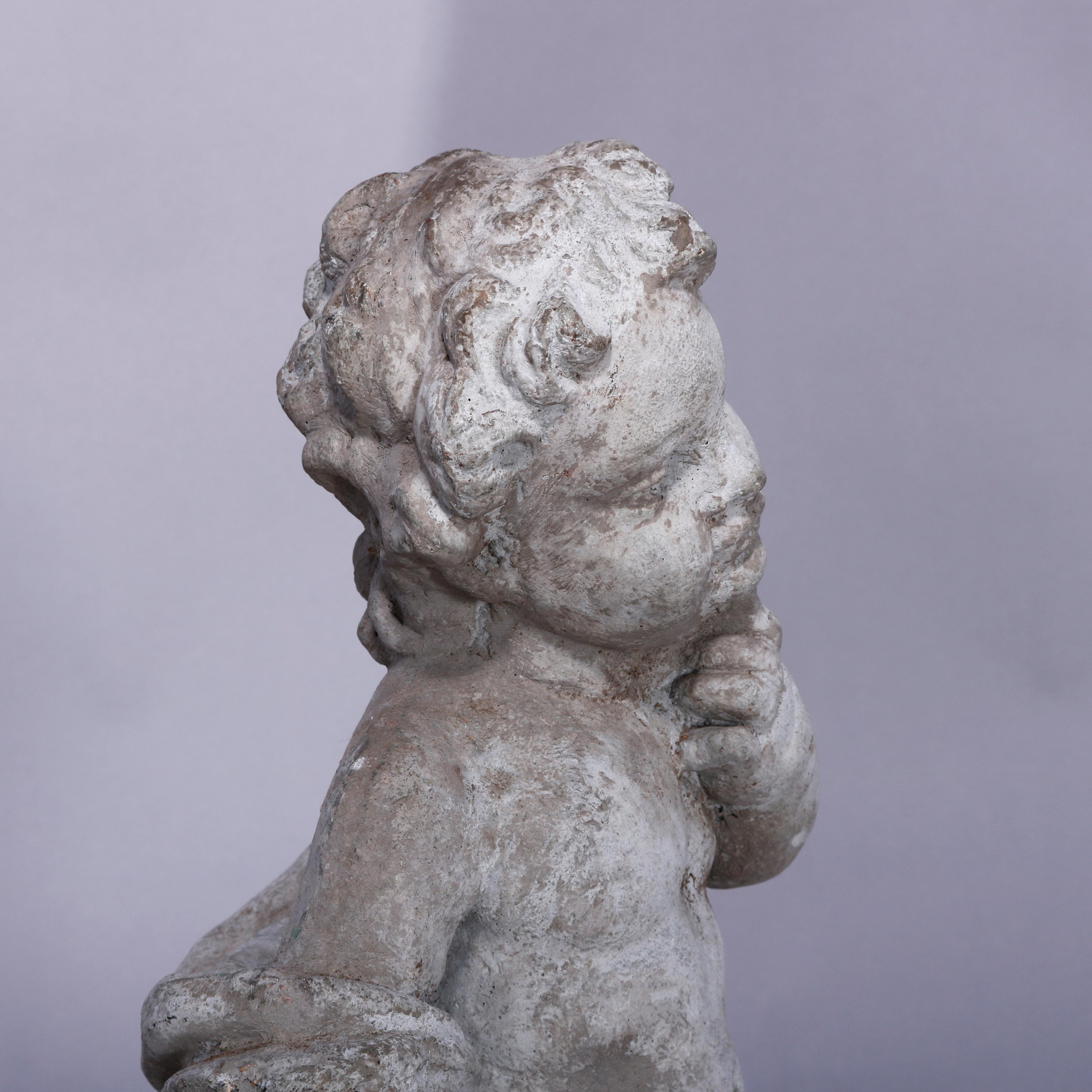 Neoclassical Figural Cast Hard Stone Garden Statue, Pensive Cherub, 20th C In Good Condition In Big Flats, NY
