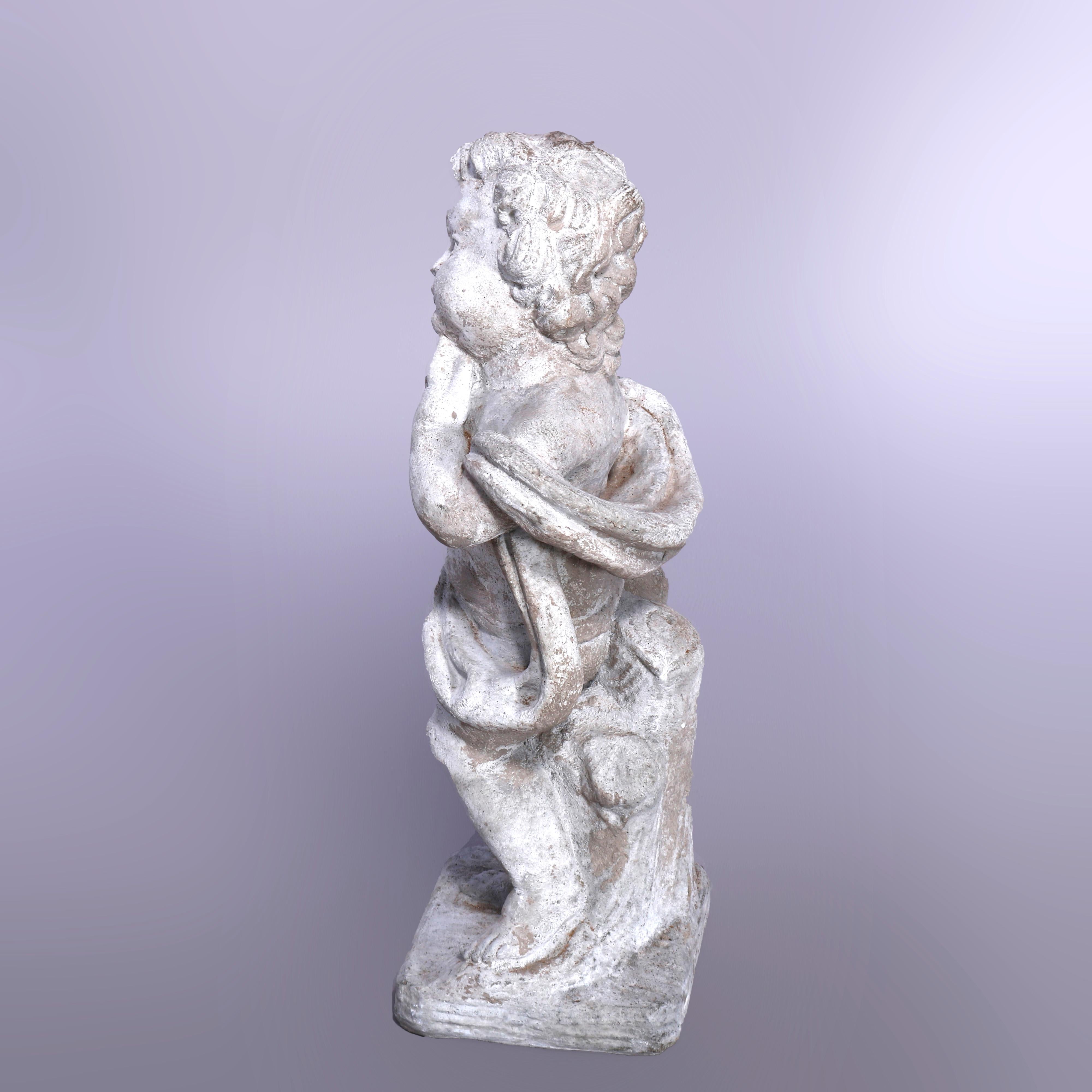20th Century Neoclassical Figural Cast Hard Stone Garden Statue, Pensive Cherub, 20th C