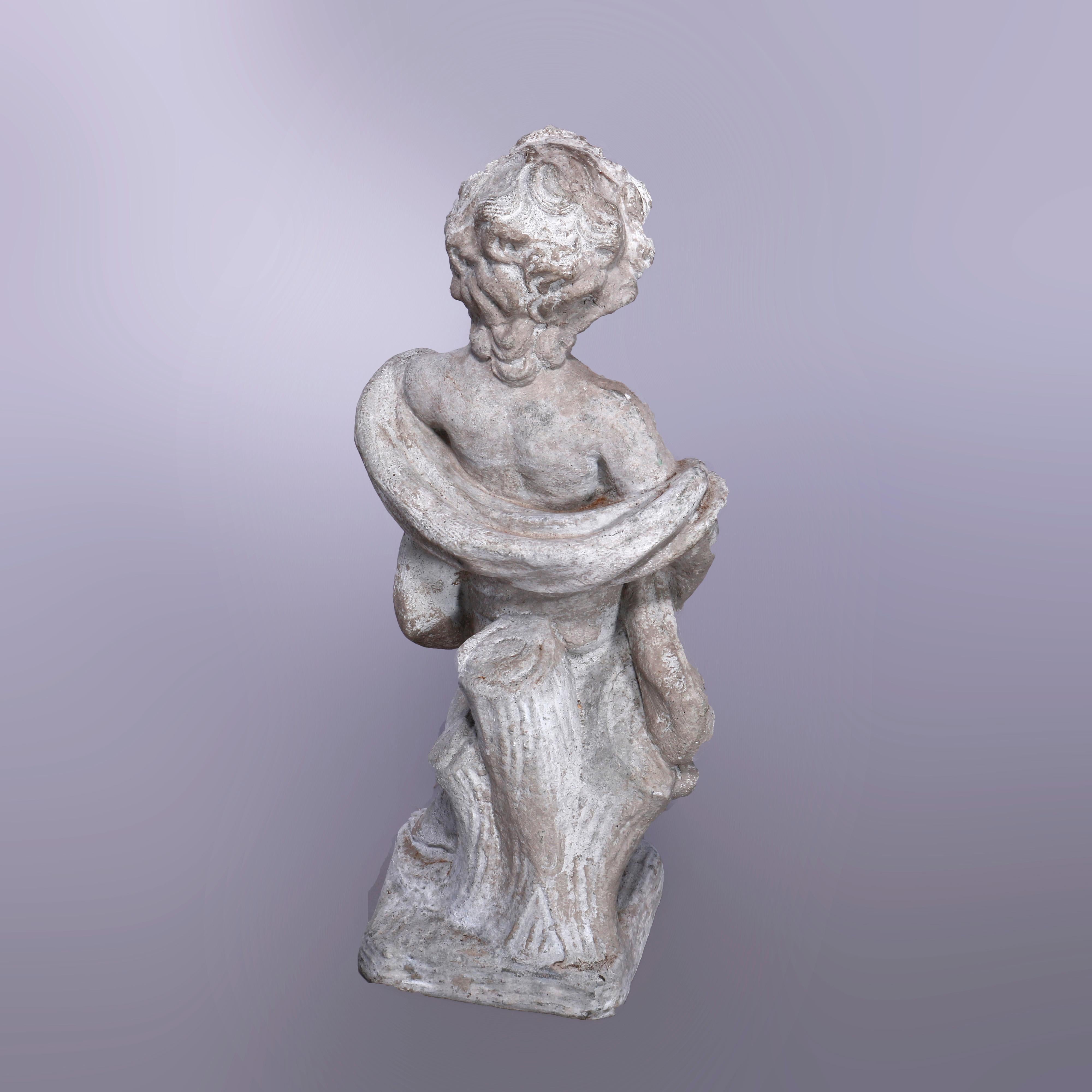 Cast Stone Neoclassical Figural Cast Hard Stone Garden Statue, Pensive Cherub, 20th C