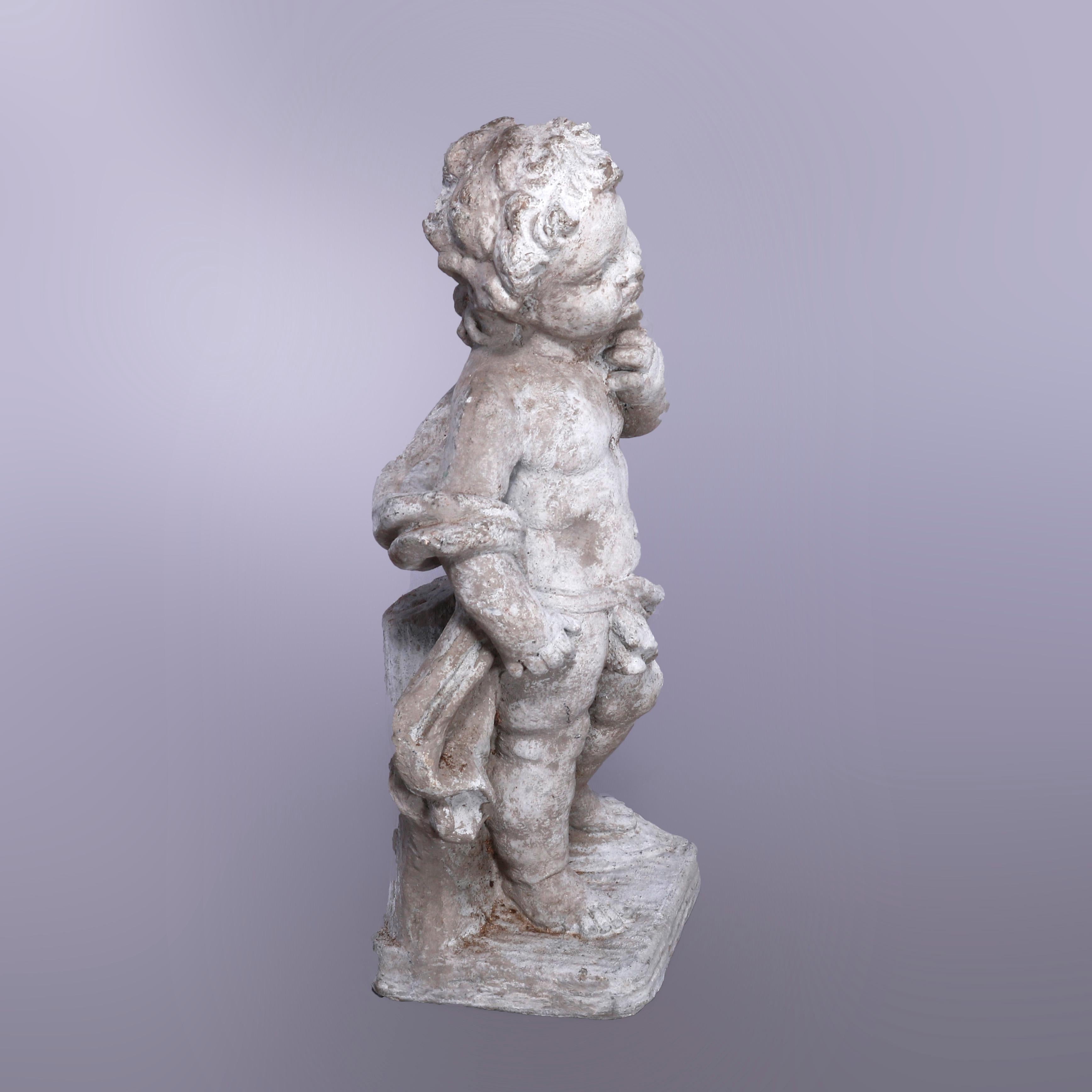 Neoclassical Figural Cast Hard Stone Garden Statue, Pensive Cherub, 20th C 1