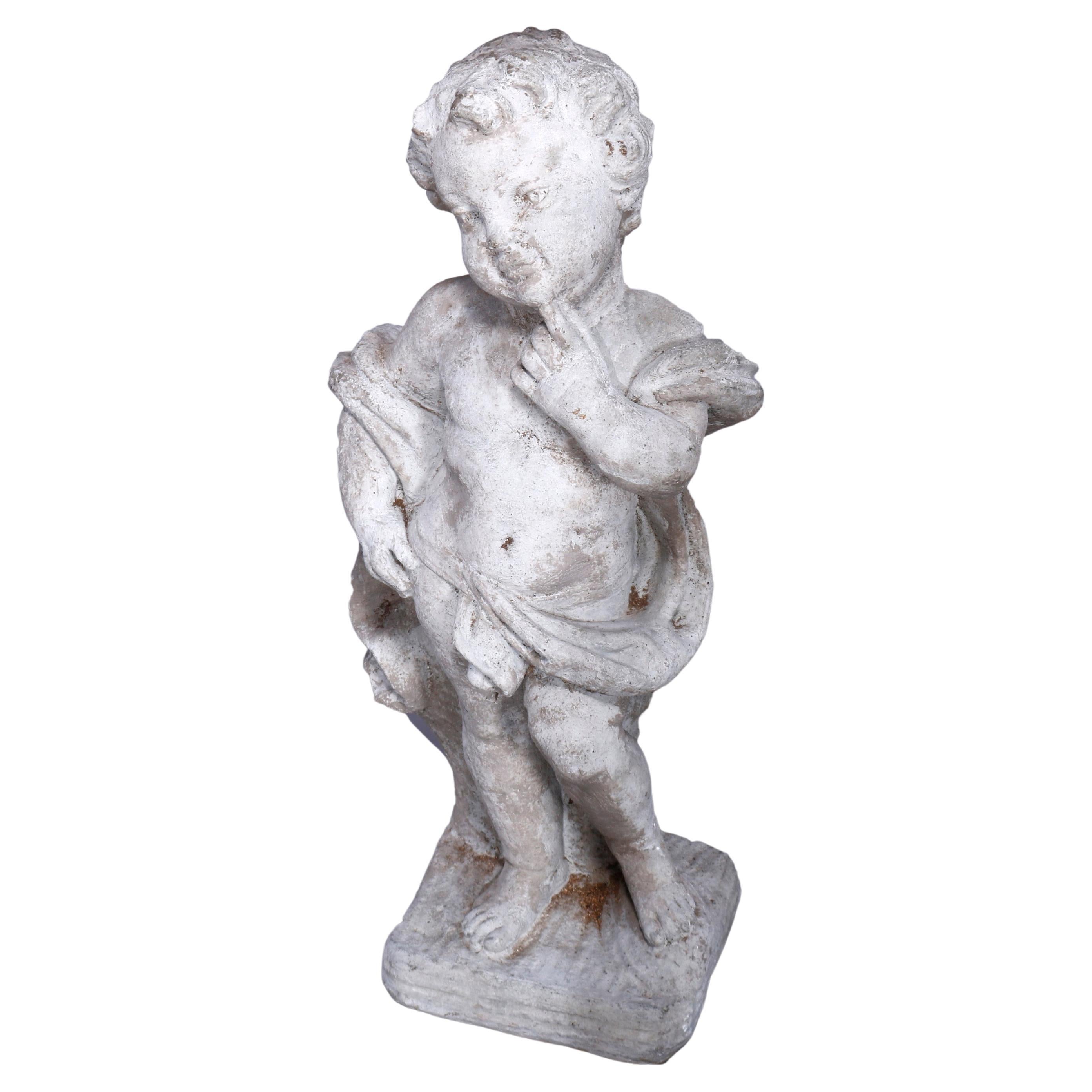 Neoclassical Figural Cast Hard Stone Garden Statue, Pensive Cherub, 20th C