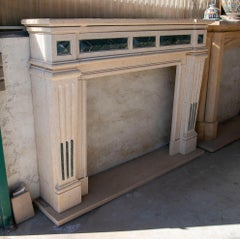 Neoclassical Fireplace in Cream Marble and Serpentine Green Marble Inlays