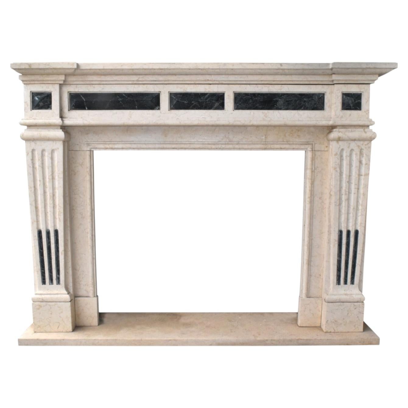 Neoclassical Fireplace in Cream Marble and Serpentine Green Marble Inlays For Sale