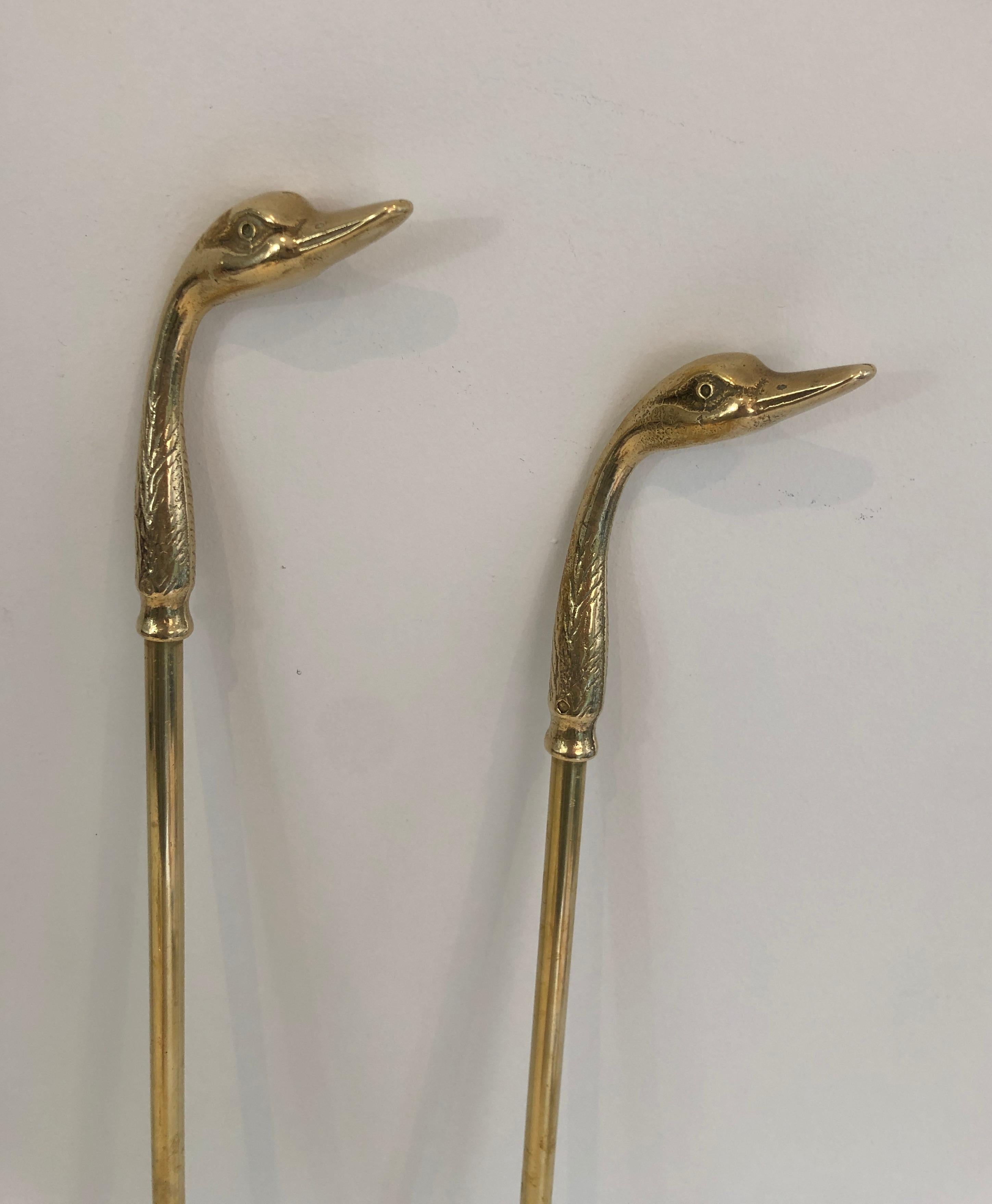 Neoclassical Fireplace Tools in Brass with Duck Heads, French, circa 1960 3