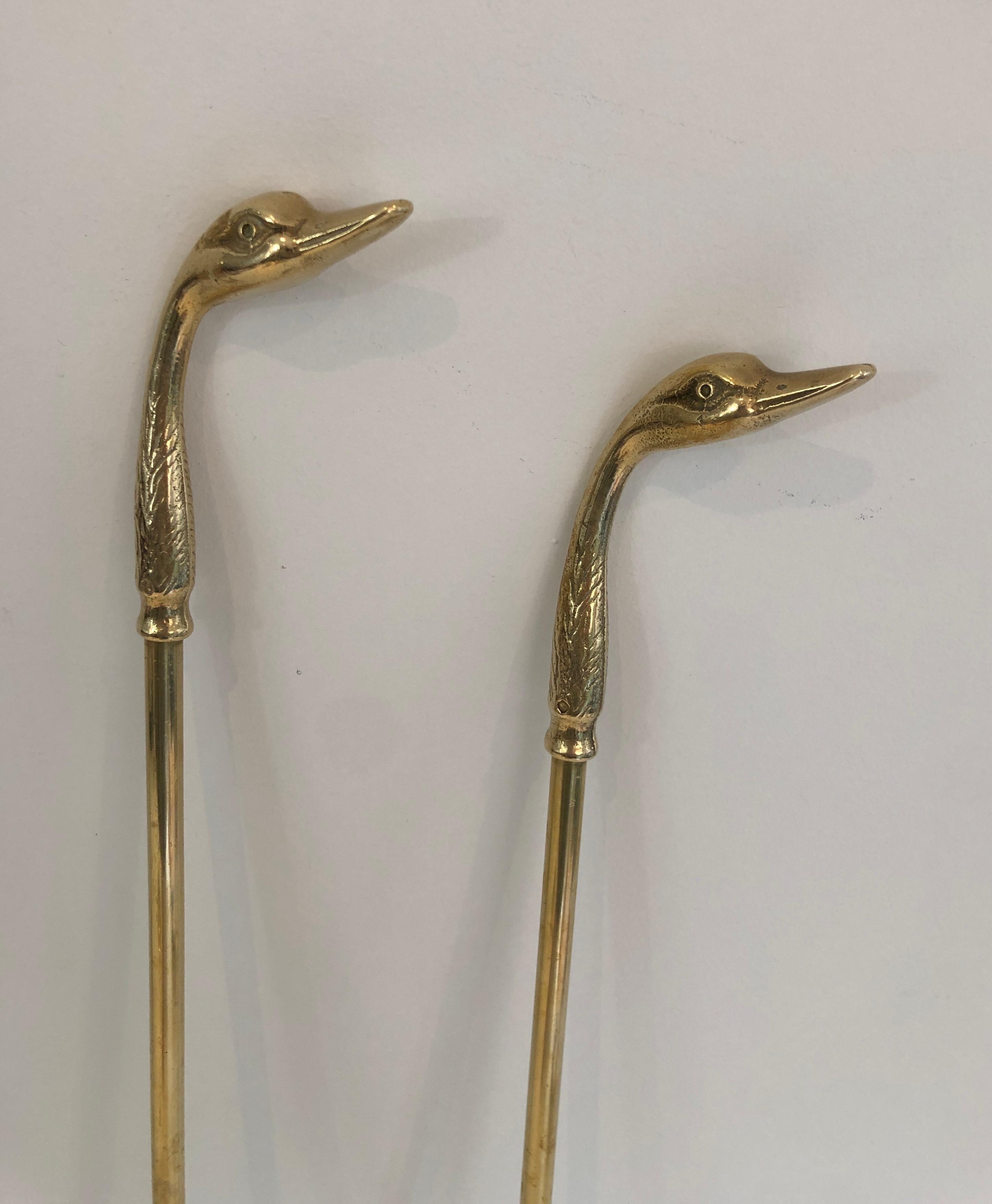 Neoclassical Fireplace Tools in Brass with Duck Heads, French, circa 1960 6
