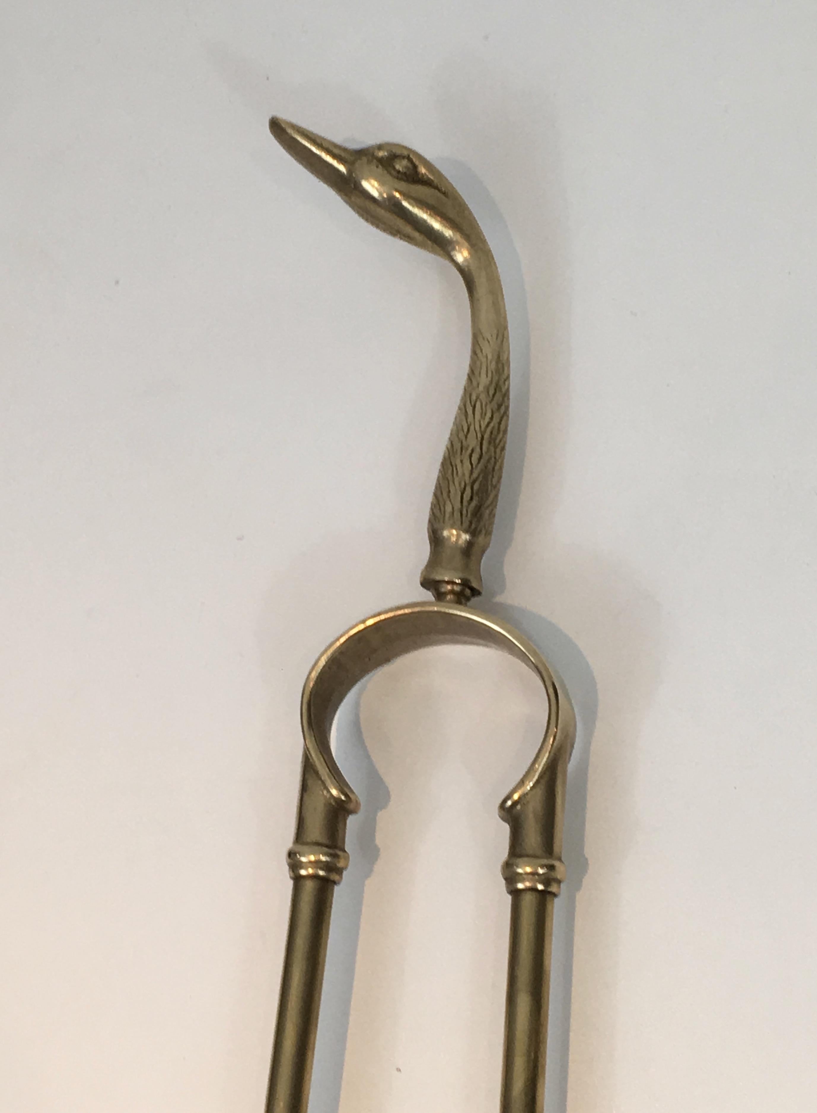 Neoclassical Fireplace Tools in Brass with Duck Heads, French, circa 1960  7