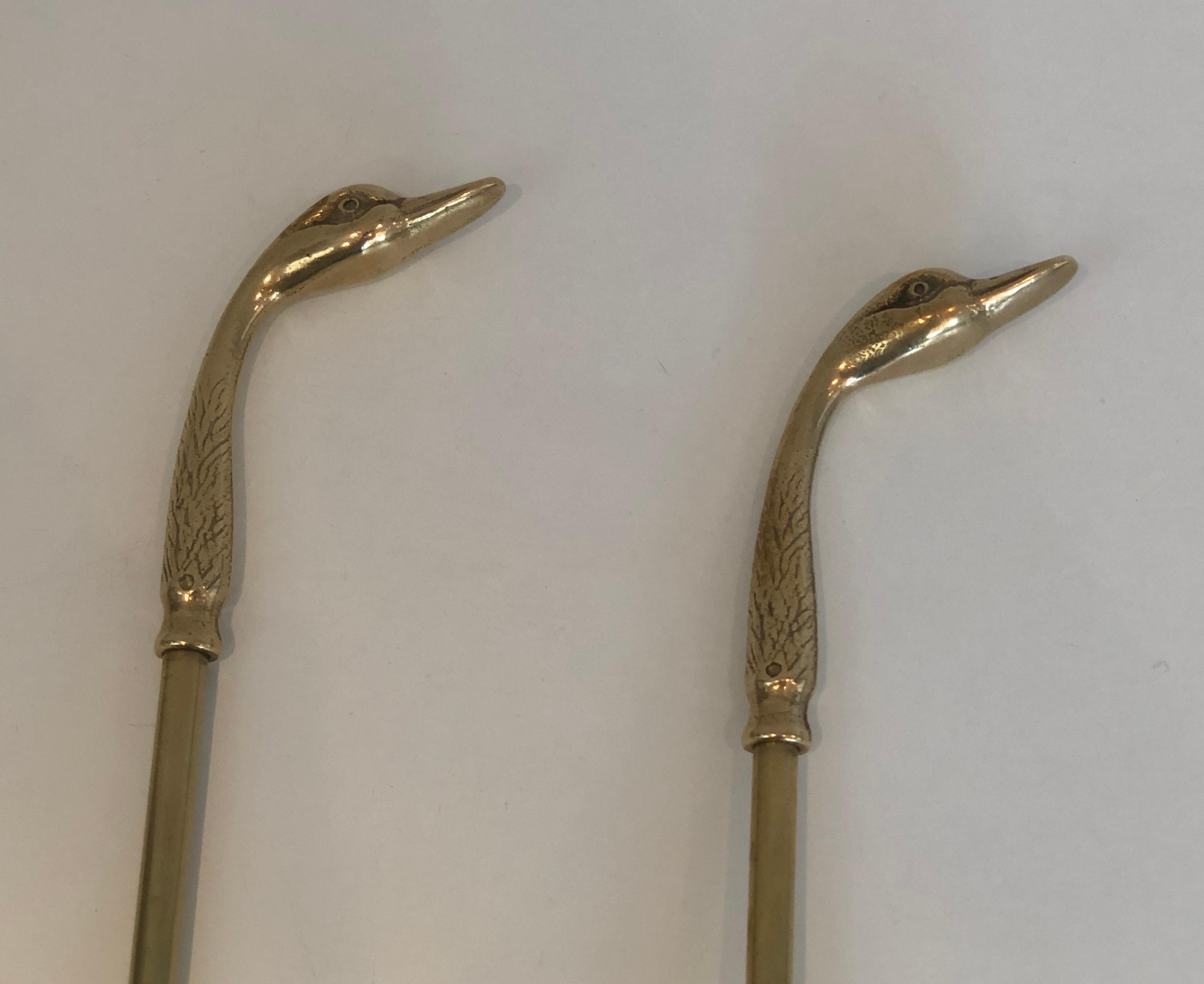 Neoclassical Fireplace Tools in Brass with Duck Heads, French, circa 1960 4