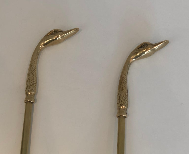 Neoclassical Fireplace Tools in Brass with Duck Heads, French, circa 1960 For Sale 7