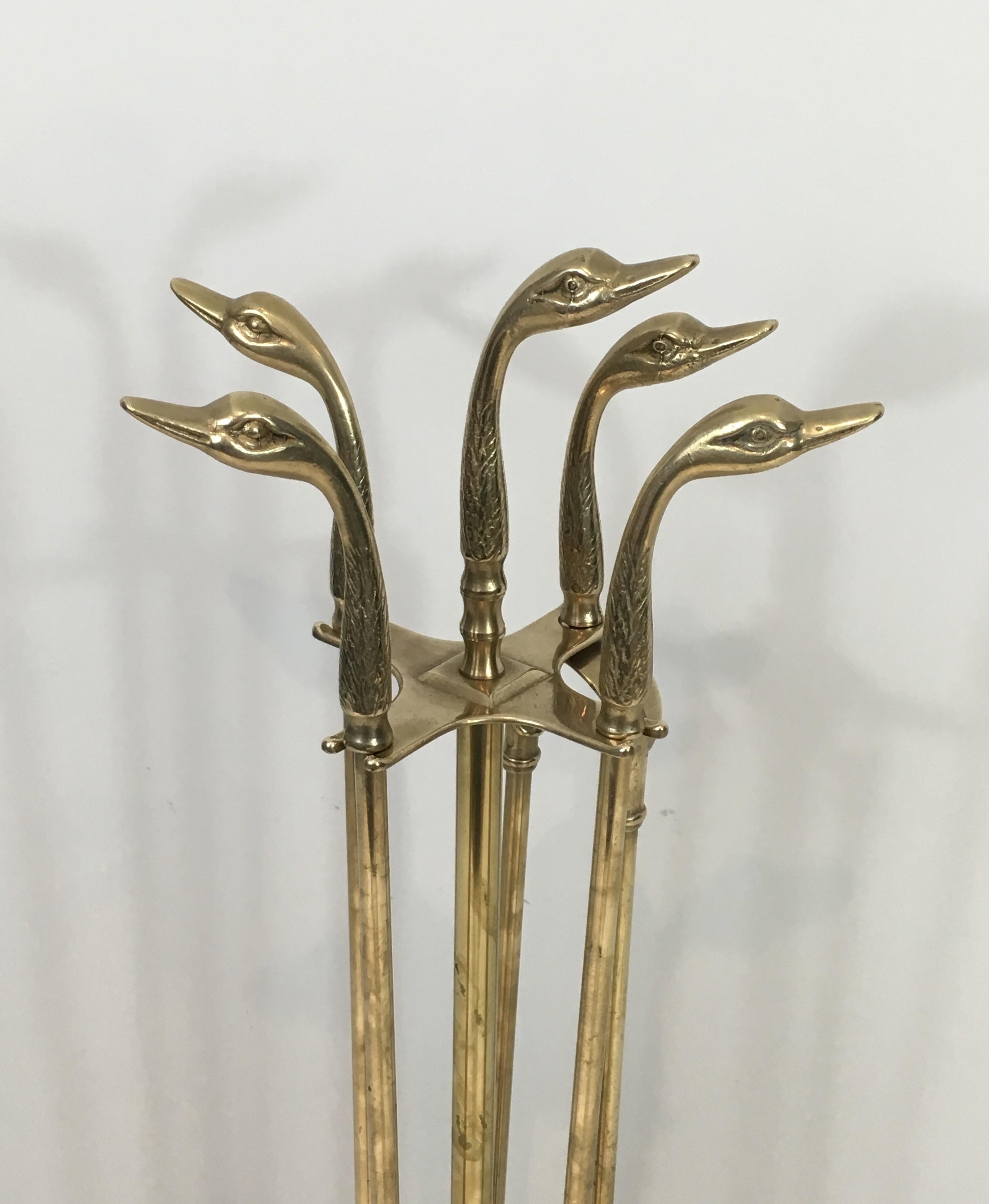 Neoclassical Fireplace Tools in Brass with Duck Heads, French, circa 1960  15