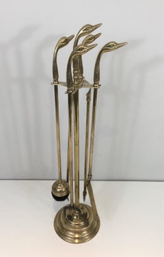 Neoclassical Fireplace Tools in Brass with Duck Heads, French, circa 1960