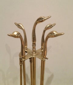 Neoclassical Fireplace Tools in Brass with Duck Heads, French, circa 1960