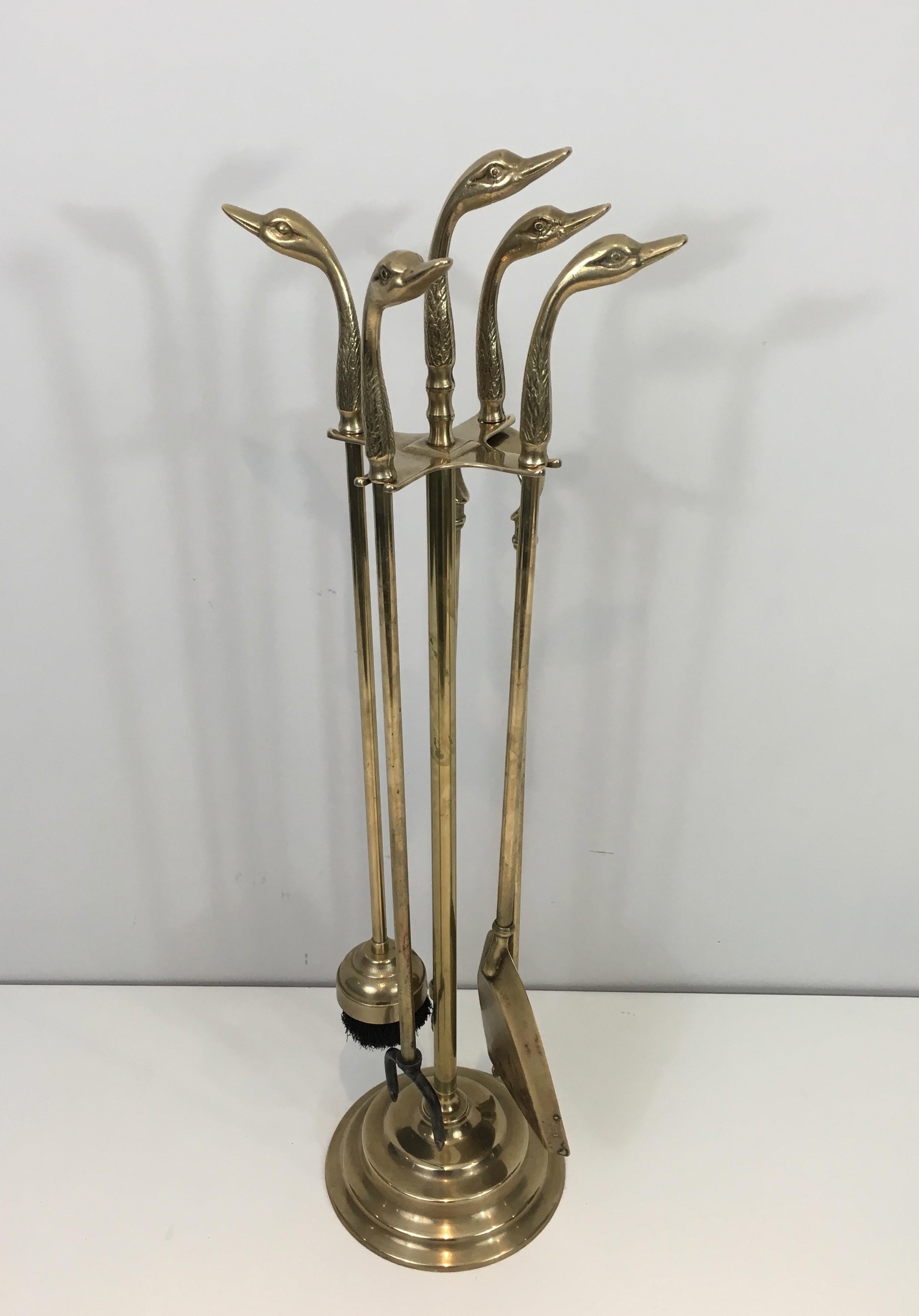 Neoclassical Fireplace Tools in Brass with Duck Heads, French, circa 1960  16