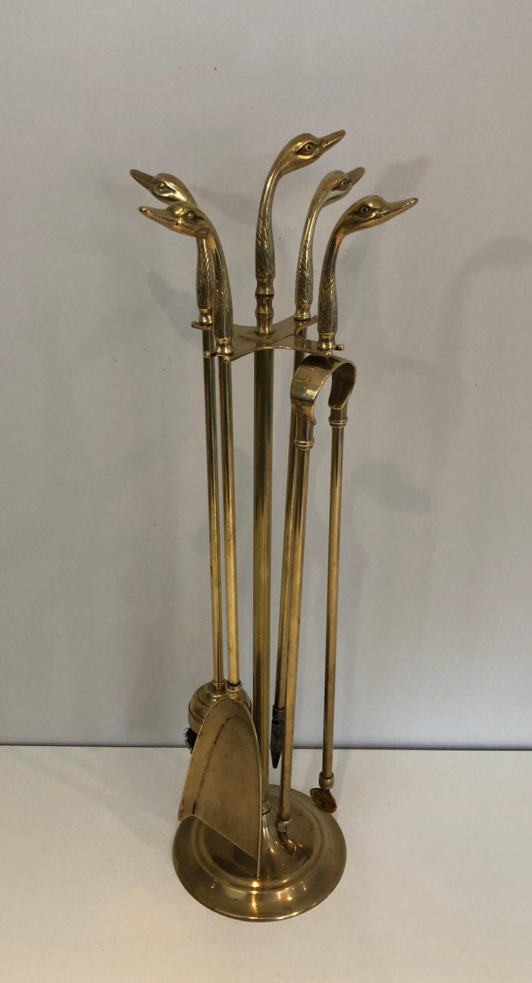 Neoclassical Fireplace Tools in Brass with Duck Heads, French, circa 1960 For Sale 16
