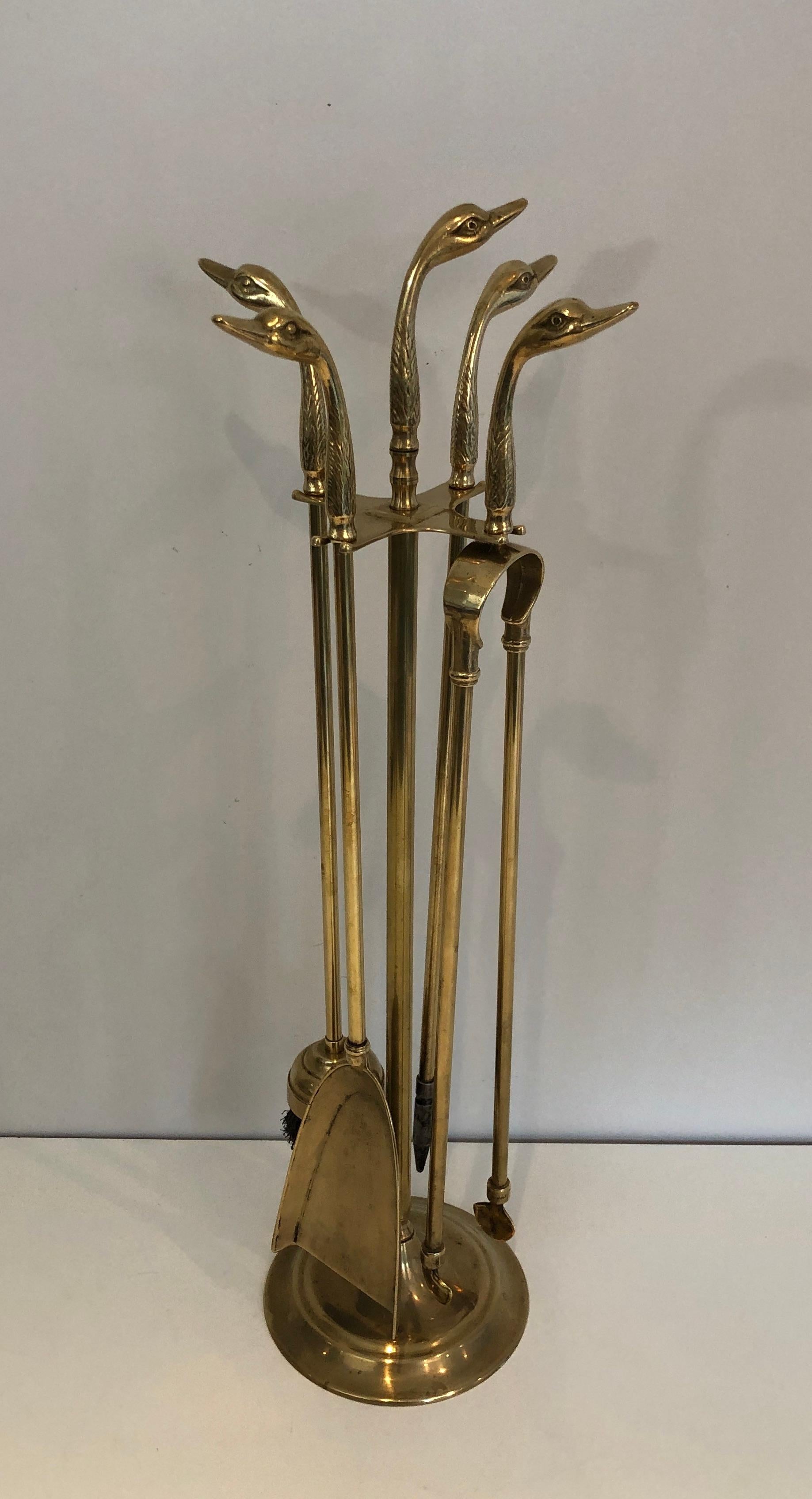 Neoclassical Fireplace Tools in Brass with Duck Heads, French, circa 1960 16