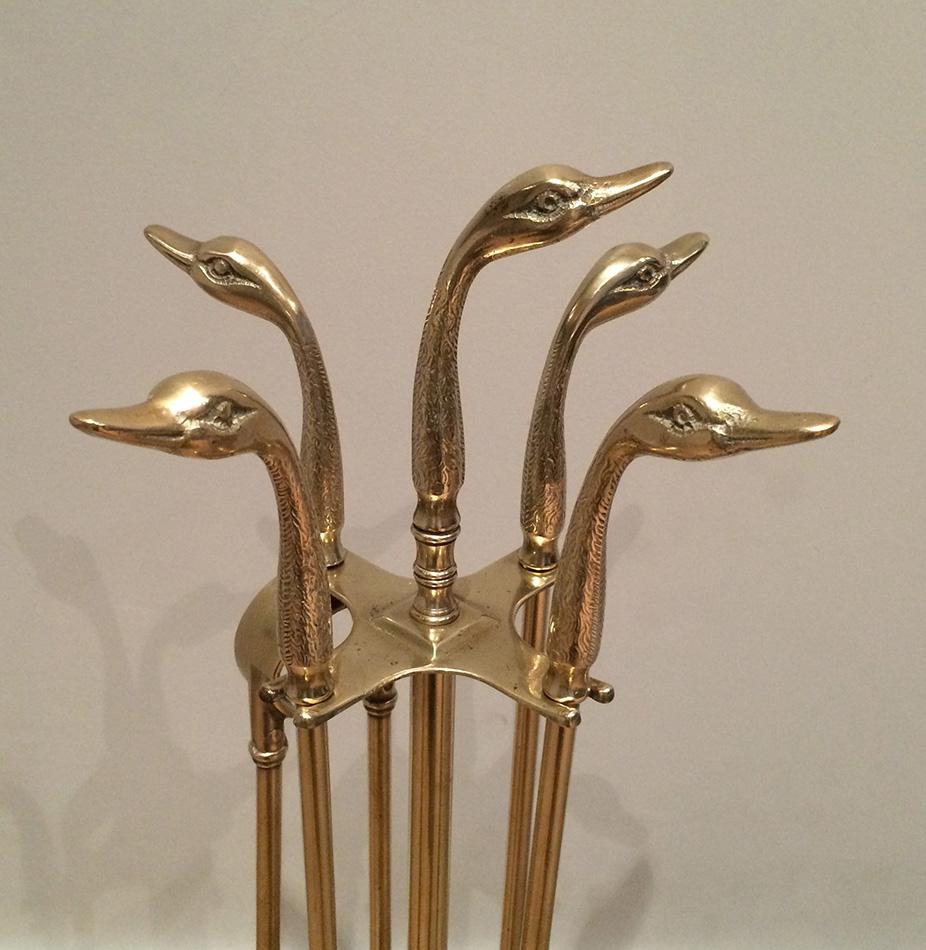 Neoclassical Fireplace Tools in Brass with Duck Heads, French, circa 1960 In Good Condition In Marcq-en-Barœul, Hauts-de-France